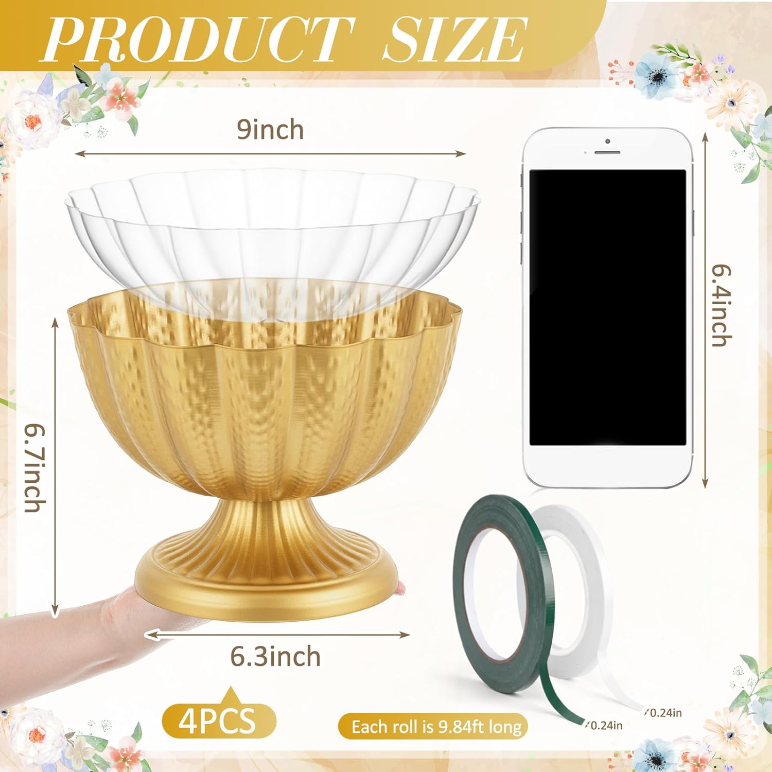 4 Pcs Large 9 Inch Compote Vase for Centerpiece Flower Holder Metal Compote Bowl Indoor Outdoor Flowers Fruits Plant for Wedding Party Decoration Christmas Home (Bright Gold)