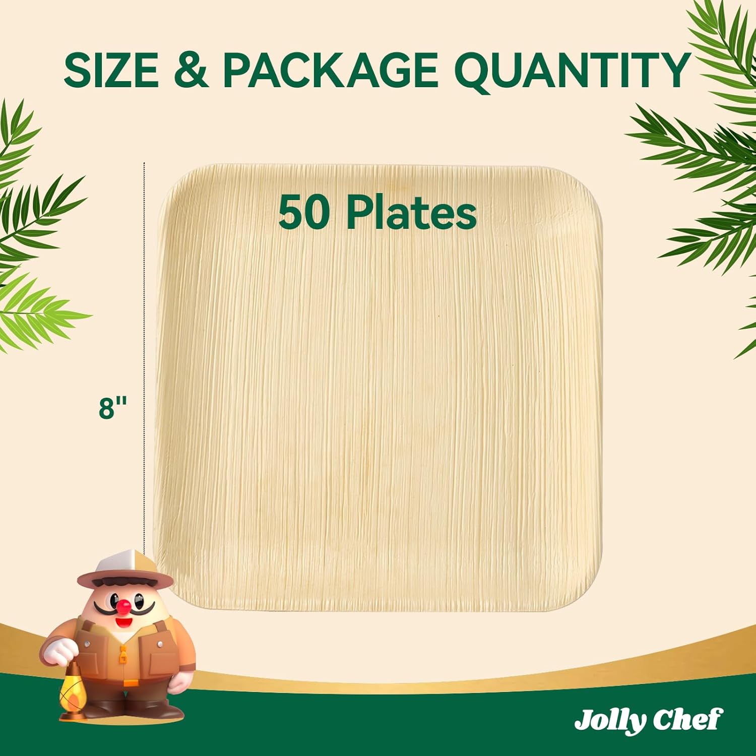 JOLLY CHEF Palm Leaf Plates, 50 Pack 8 Inch Bulk Disposable Like Bamboo Square Plates, Party Compostable Ideal for Dinner, Wedding, Party