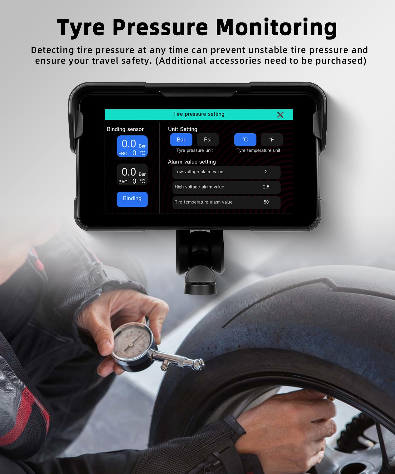 VECHTEL Kabelloser CarPlay Bildschirm 5 Zoll für Motorrad-Tragbares CarPlay & Android Auto,Wasserdichter Touchscreen mit Dual-Bluetooth,NAV/Siri Assistant/12V,Unterstützt Reifendruckkontrolle
