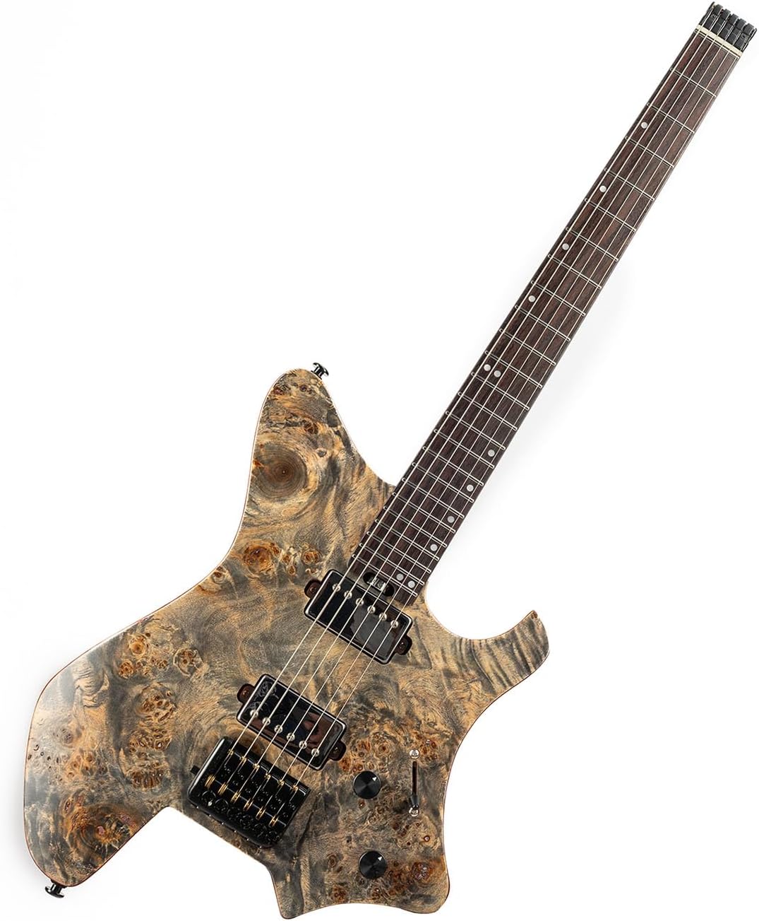 6 String Soild Body Headless Electric Guitar Roasted Padauk+Poplar Burl Body wood Headless Bridge Tuning System Travel Guitar Small But Full-scale Guitar