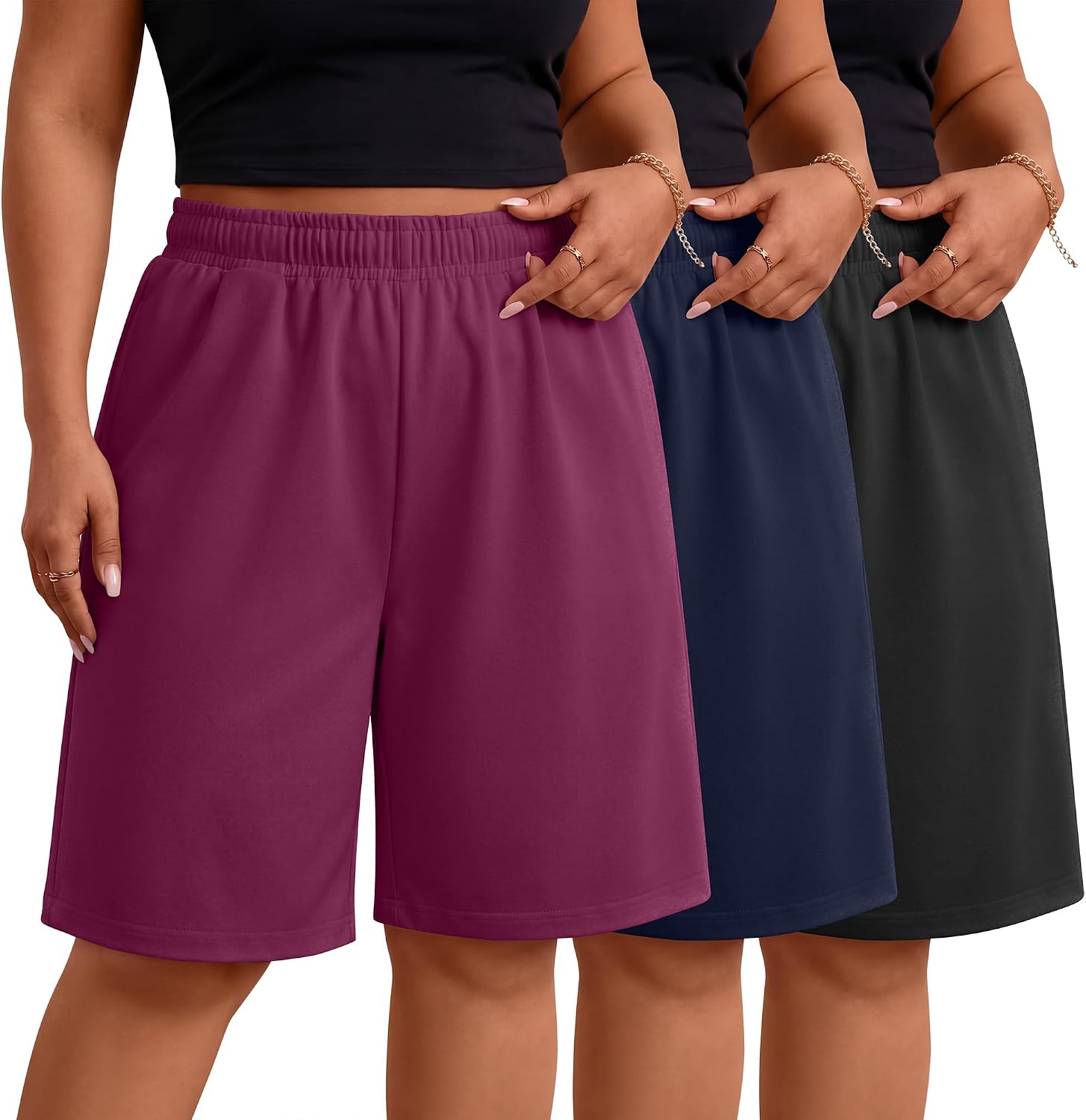 Evervibe 3 Pack Women's Plus Size Bermuda Shorts Knee Length Straight Wide Leg Drawstring Athletic Sweatpants with Pockets
