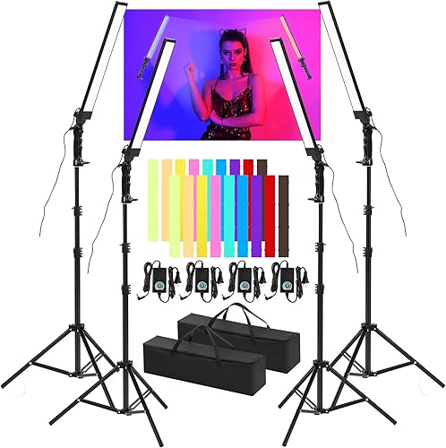 Paquete de 4 varitas de iluminación LED de video, luces de fotografía ajustables con trípode de 22 a 63, 9 filtros de color, 5500 K, 90 cuentas,