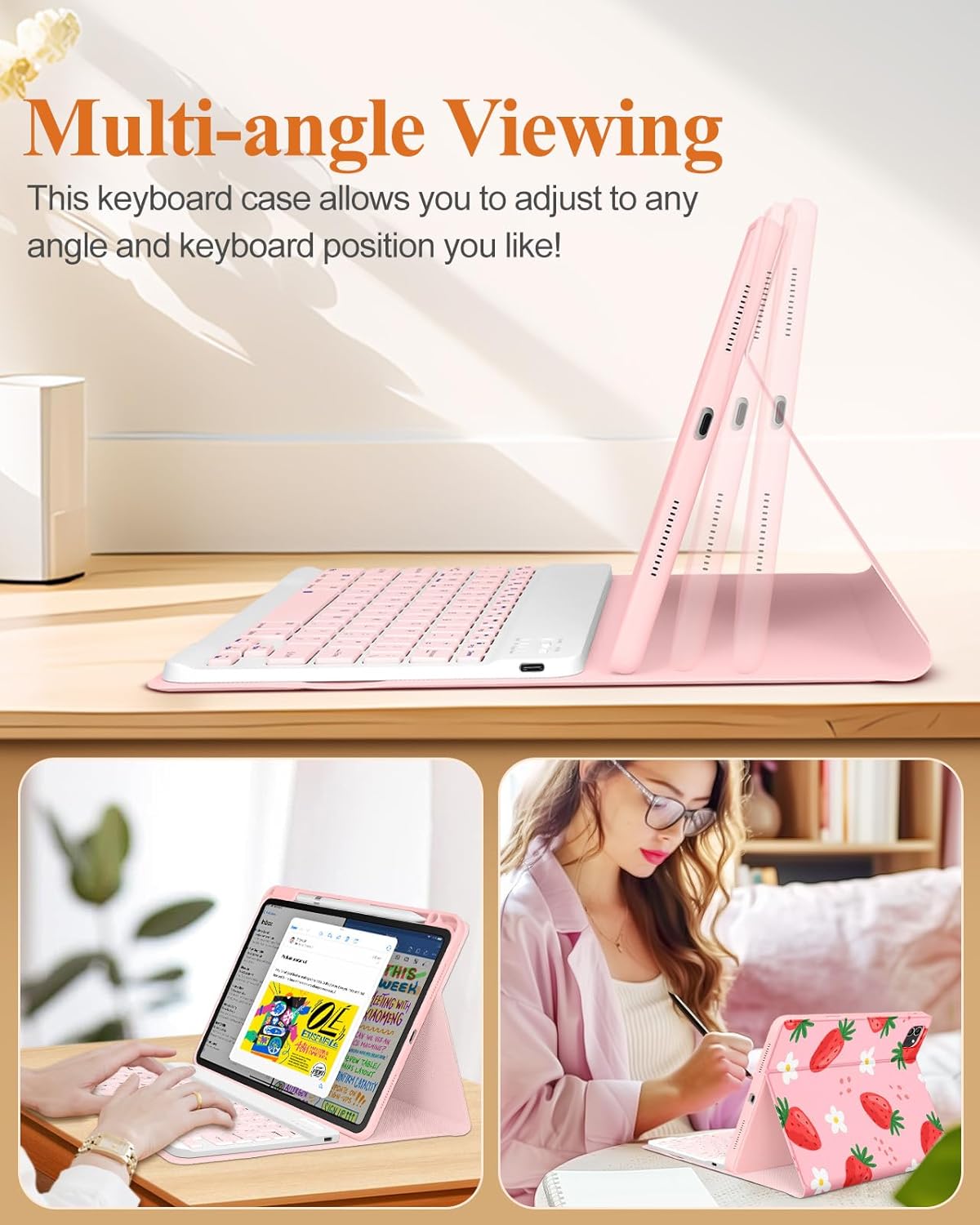 Uppuppy for iPad Air 11 inch Case 2024 - Air 5th/4th Generation 10.9, Pro 11 Case with Keyboard Pencil Holder Tablet Cover Folio Women Cute Girls Kawaii Strawberry for iPad Air 11 2024 (M2), Pro 11