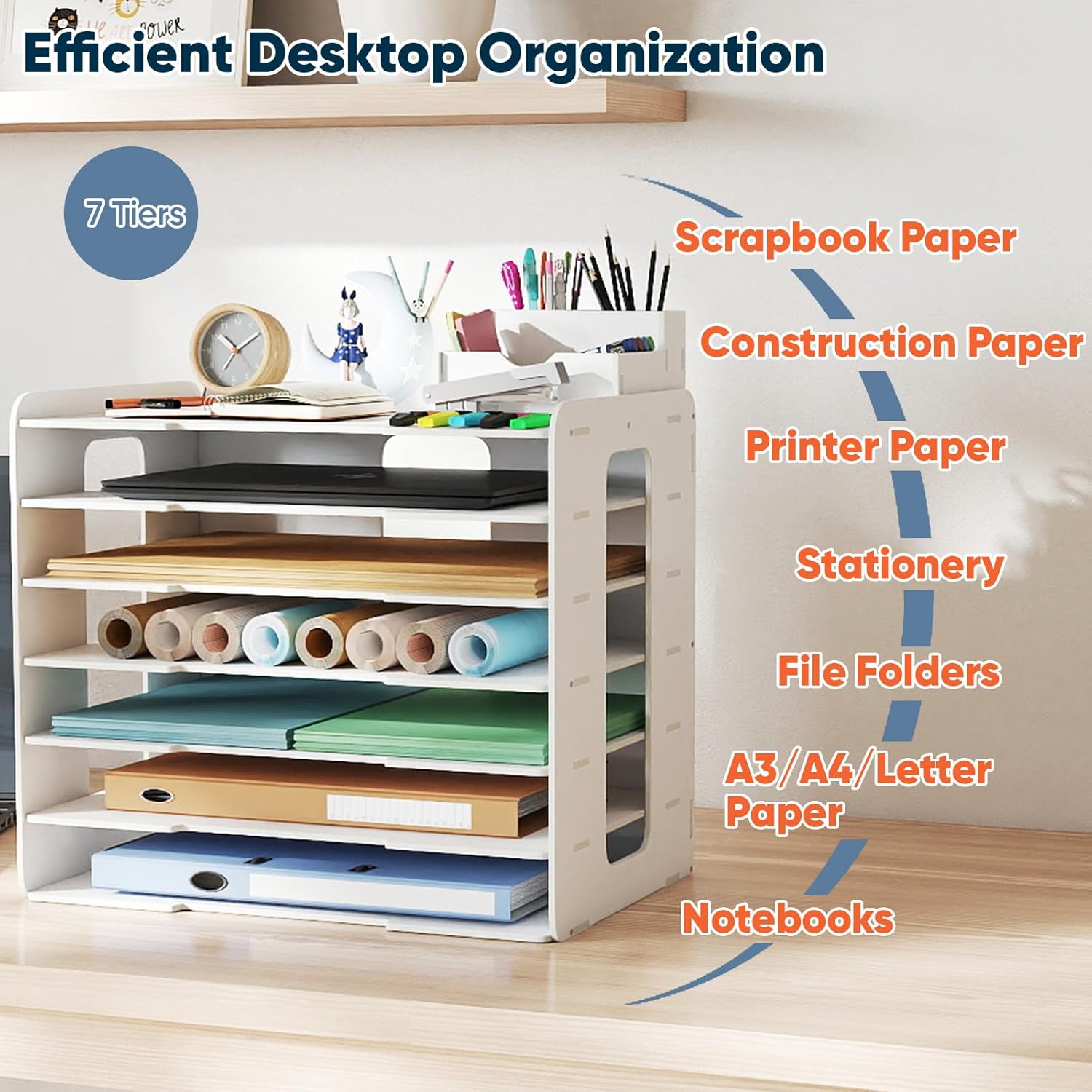 PVC 11X17 Construction Paper Storage Organizer, A3 Paper Organization for Desk 7-Slot Document File Holder Letter Sorter Office Supplies Organizer for Home School Adjustable & Space-Saving