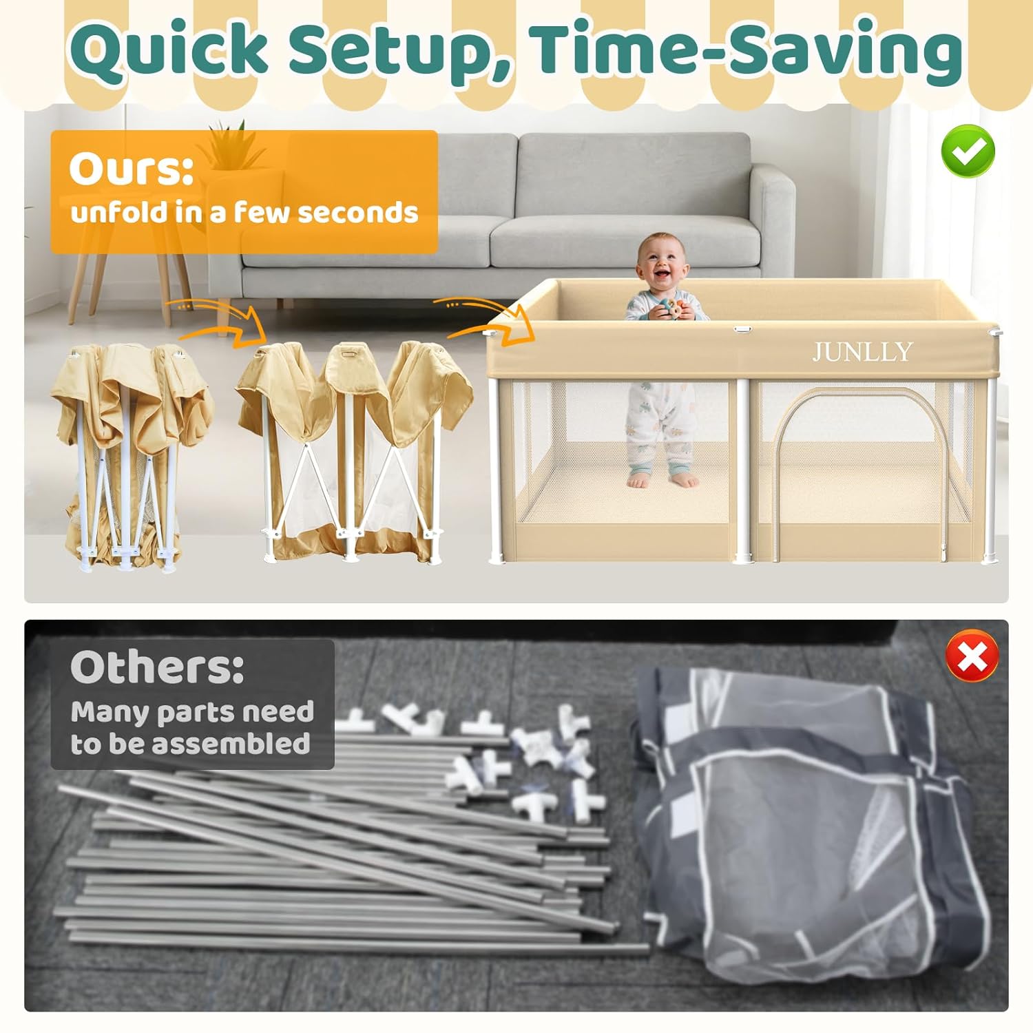 Foldable Playpen for Babies and Toddlers - 50x50 Inches Playpen with Mat - Kids Collapsible Playard with Storage Bag for Indoor & Outdoor - Baby Fence with 30 Ball & Gate - Khaki