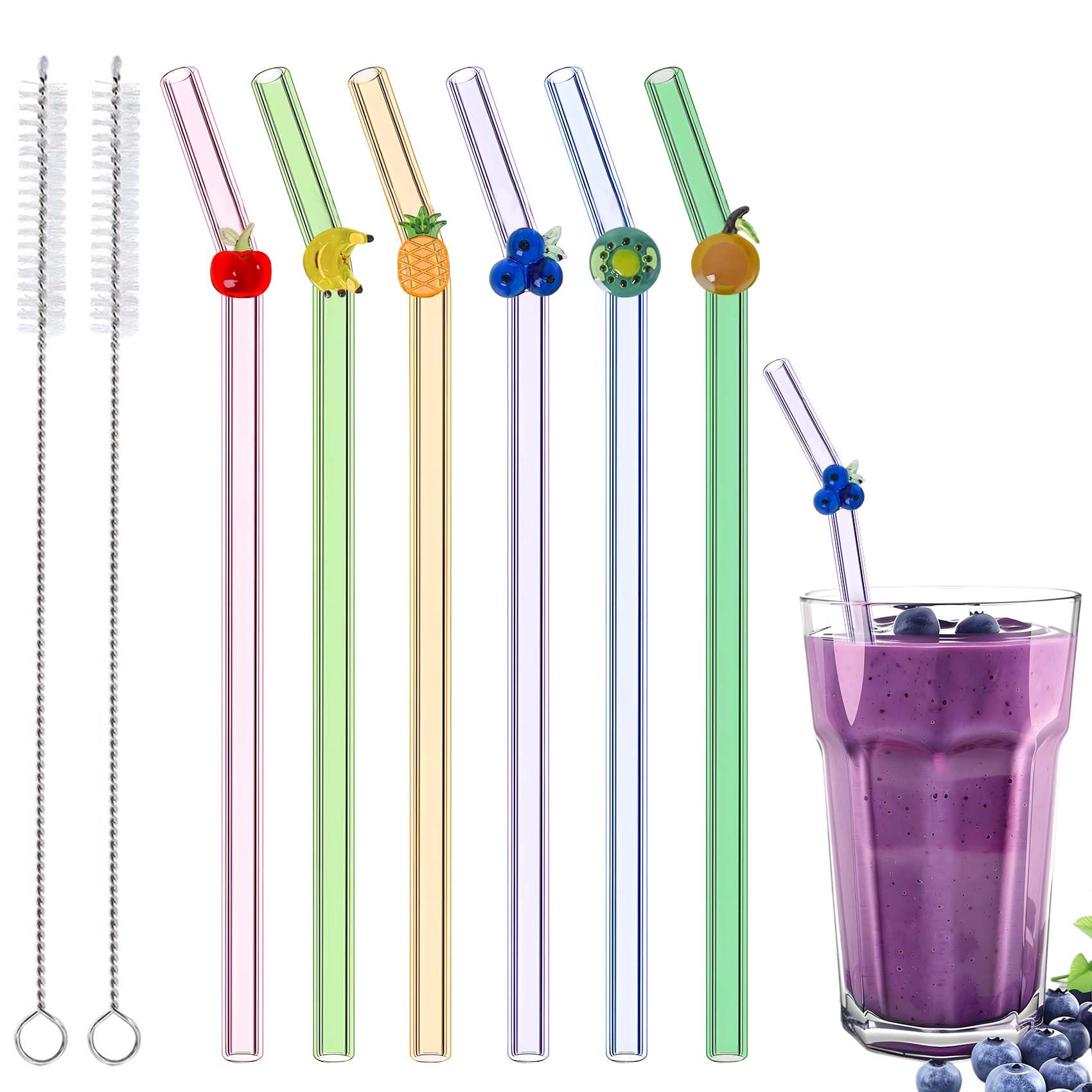 6 Pcs Glass Straws with 2 Cleaning Brushes, Cute Colorful Fruit Drinking Straws Shatter Resistant, Reusable Straws for Favors Fruit Lover, Juice, Summer Beach, Birthday Party