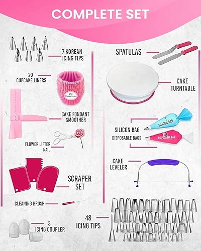 Miniatura 7 de RFAQK Kit de decoración de pasteles de 200 piezas con tocadiscos y nivelador, suministros para hornear, regalo incluye 110 + 1 bolsas de tubería, 55