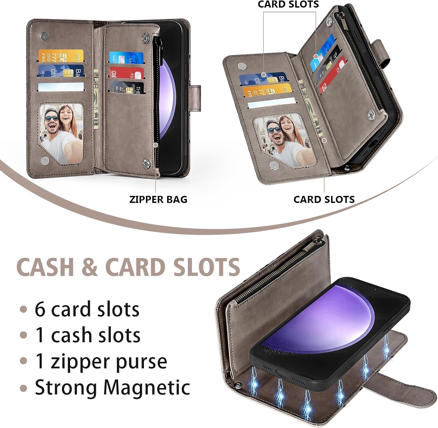 Asuwish Phone Case for Samsung Galaxy S23 FE 5G Zipper Wallet Magnetic Detachable Cell Cover with Tempered Glass Screen Protector Crossbody Strap Flower Card Holder S 23 EF S23FE 23S Women Girls Gray