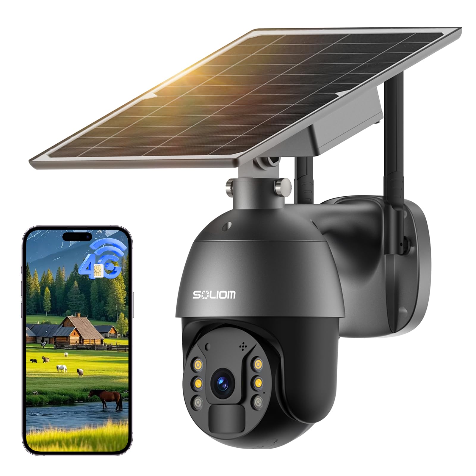 SOLIOM 4G LTE Überwachungskamera Aussen Solar mit SIM Karte, 2K HD Kamera Ohne WLAN Outdoor mit Akku, 360° Sicht & Automatische Verfolgung, Farb-Nachtsicht, Ideal für Garten, Bauernhof, Baustelle