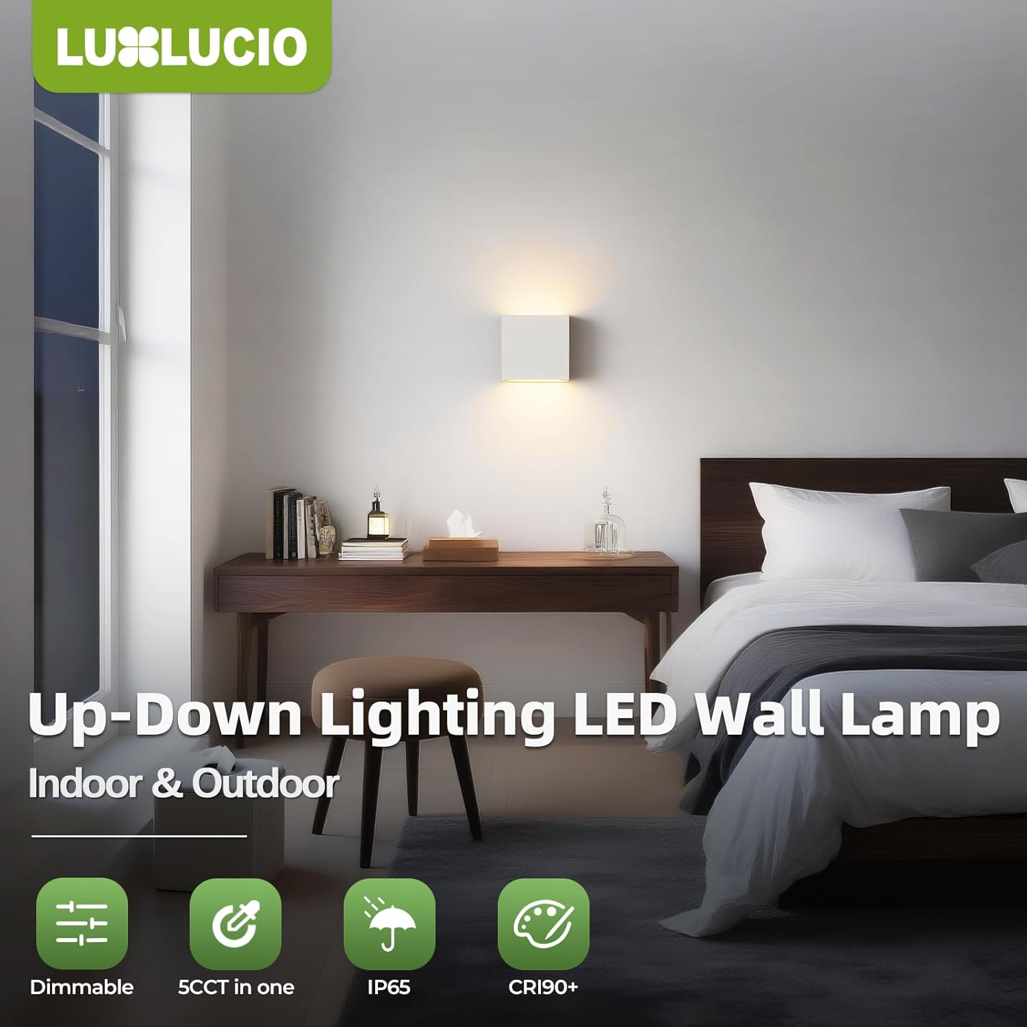 2 Pack Indoor Outdoor White Up and Down LED Wall Light, Modern Bedroom/Porch Wall Lamp, IP65 Waterproof, 5%-100% Dimmable 18W 1620lm, 5CCT (2700K-5000K), CRI90+, 120V-277V