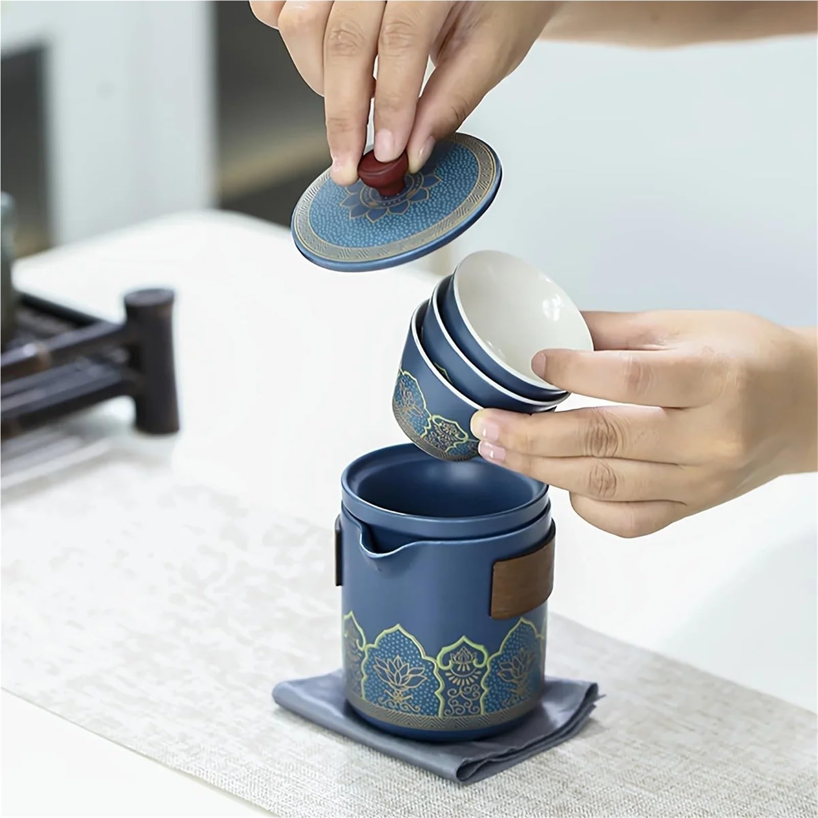 Juego De Té Portátil De Kung Fu De Viaje, Juego De Té De Cerámica Completo Con Bolsa De Almacenamiento(B 1SET)