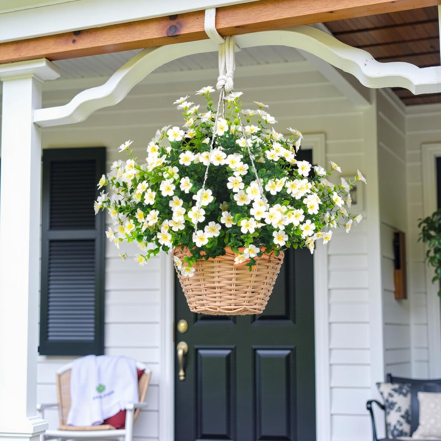 UV Resistant Artificial Flowers, Realistic Fake Bouquets for Outdoor Hanging Baskets, Weatherproof Faux Plants for Balcony Porch Garden No Fade No Maintenance (White-9pack)