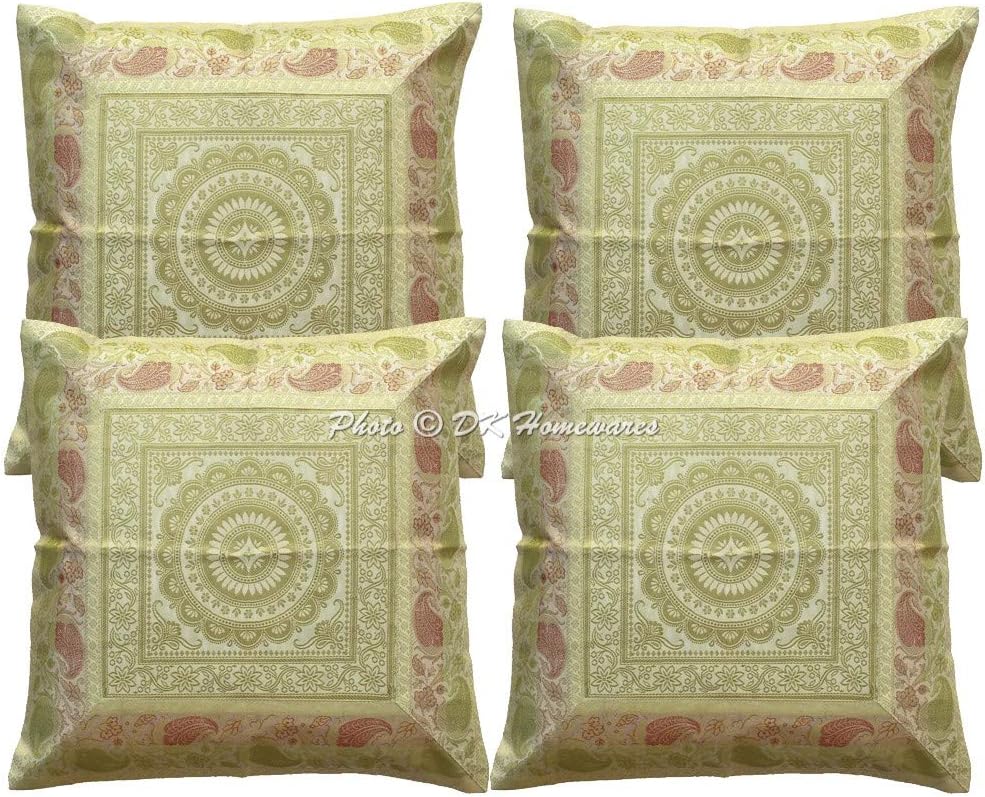 Bohemian Decorative Toss Throw Pillowcases 16 x 16 Inch Brocade Jacquard Mandala Indian Square Accent Cushion Covers (Size - 40x40 cm ; Color: White & Gold) - Set of 4 Pcs (Cover Only)
