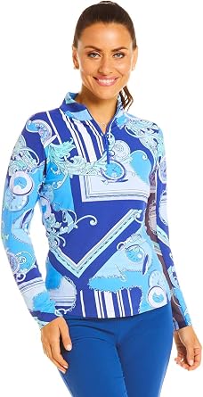 IBKUL Women's Timeout 1/4 Zip Mock Print Golf Pullover Navy M