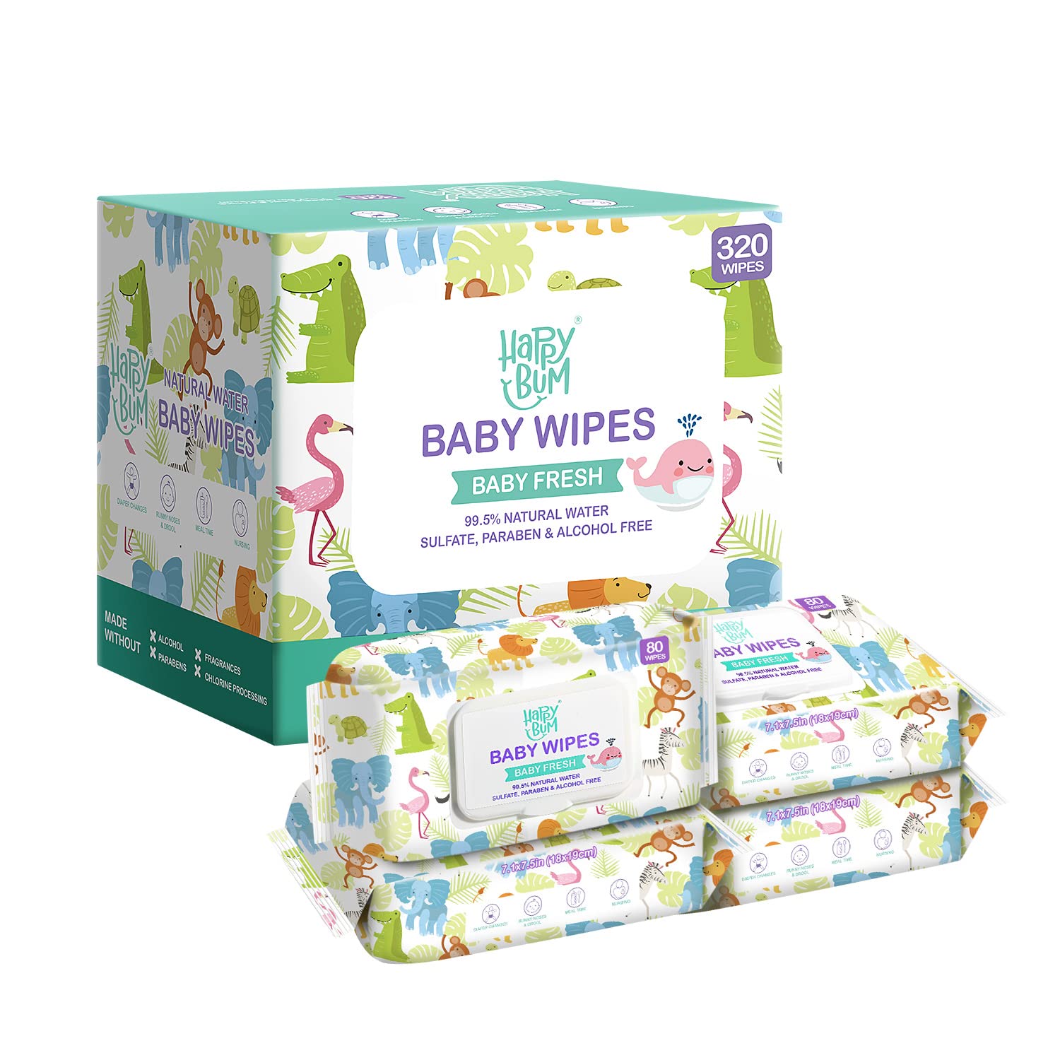 Toallitas húmedas para bebé HAPPY BUM Sensitive Water, hipoalergénicas, sin perfume, 4 paquetes con tapa abatible (320 toallitas en total)