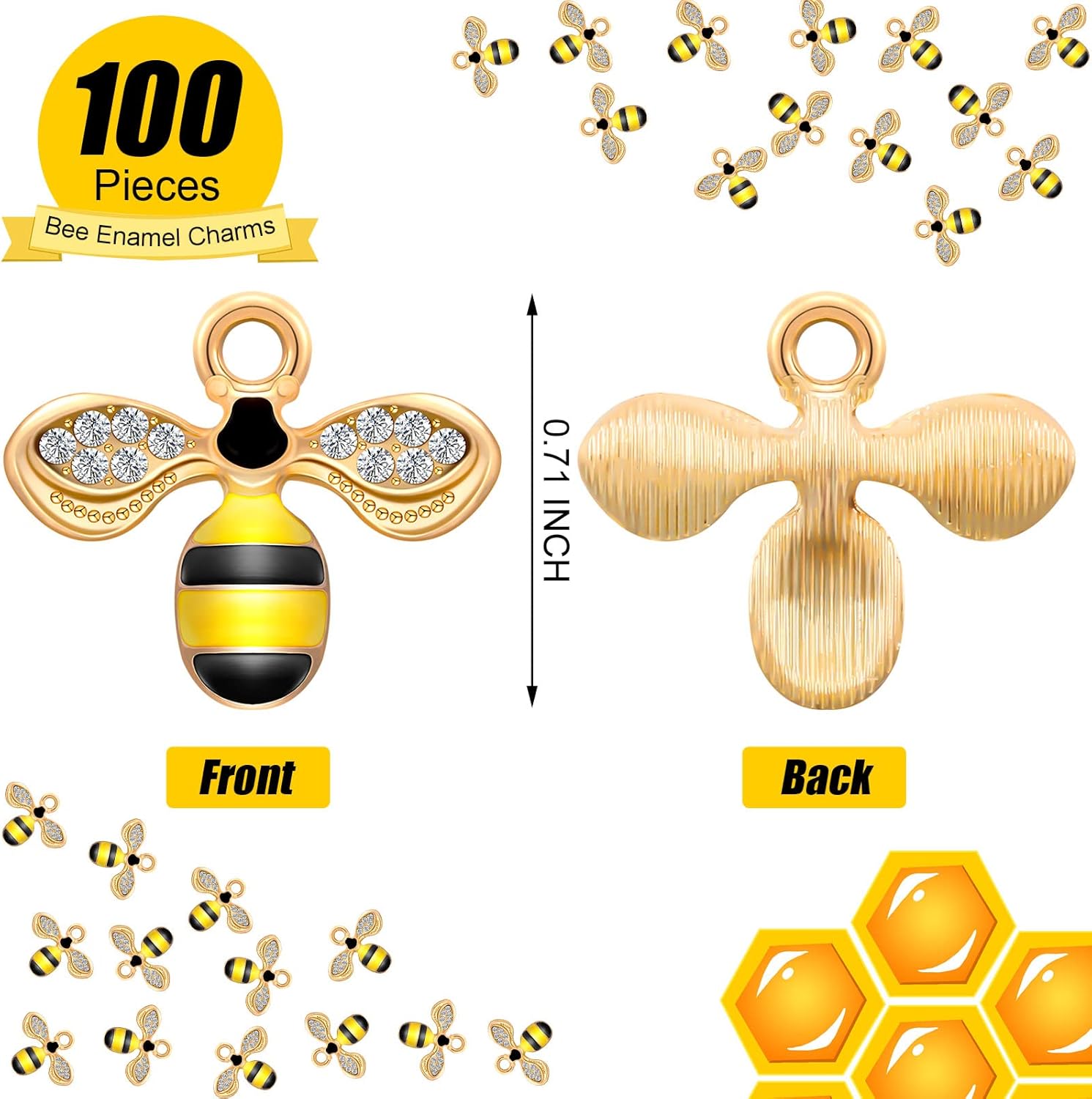 Junkin 100 Pcs Bee Charms Enamel Bee Pendants Honeybee Rhinestone Enamel Craft Embellishments for Halloween Jewelry Making DIY Handmade Nail Crafting Necklace Bracelet Earrings - Image 2