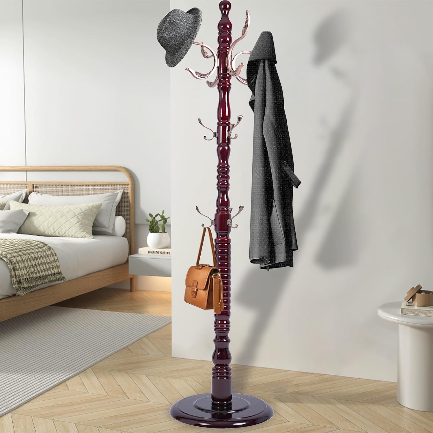 73'' Vintage Coat Racks Freestanding with 20 Metal Hooks, Solid Wood Coat Rack Hanger Stand with 3 Adjustable Size, Heavy Duty Coat Rack Tree for Entryway, Bedroom, Hallway, Office, Apartment