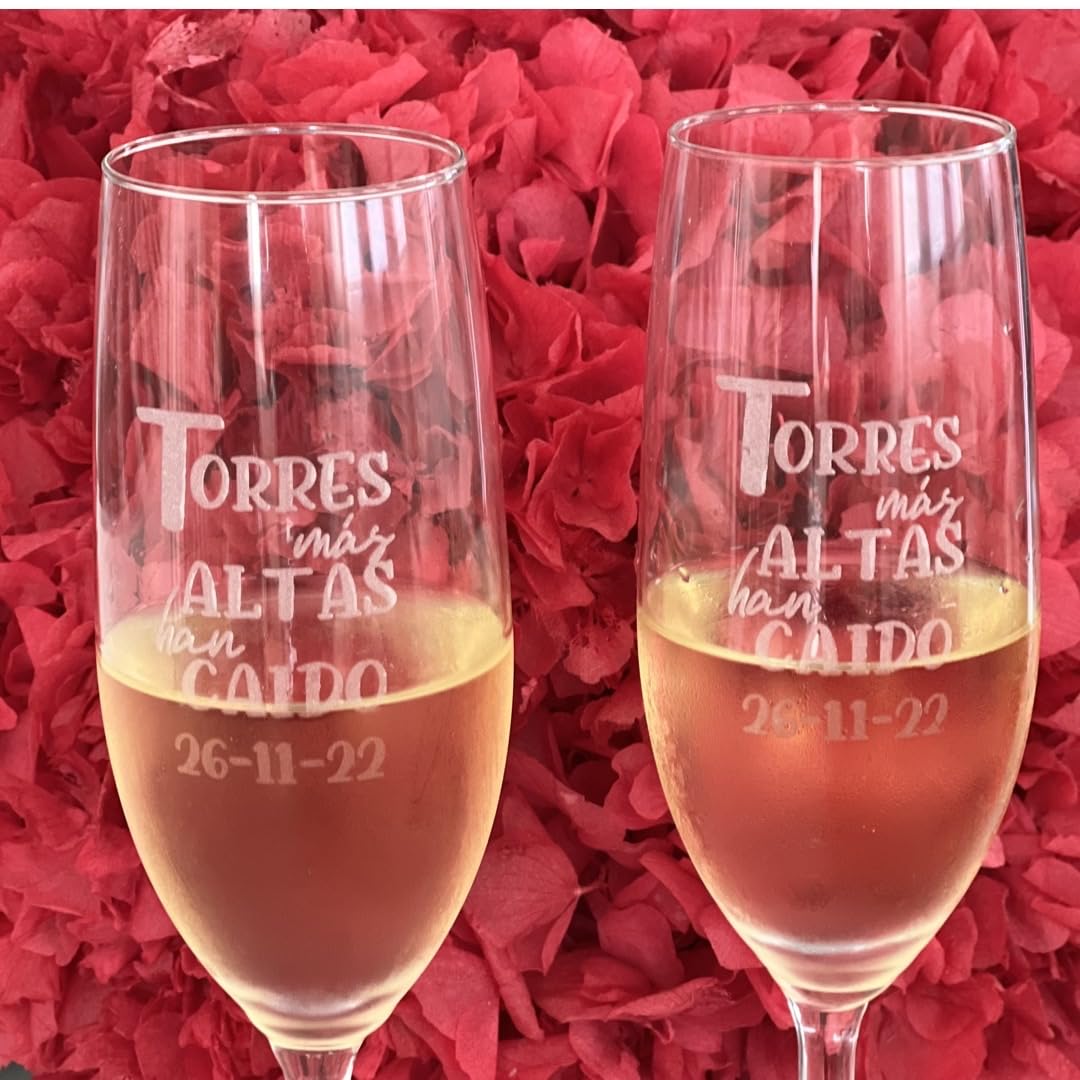 Pack de dos copas de cava personalizadas de cristal con caja - 21cl - Copas champán personalizadas para novios - Regalo de Boda, Celebraciones, Bodas de Oro o Bodas de Plata