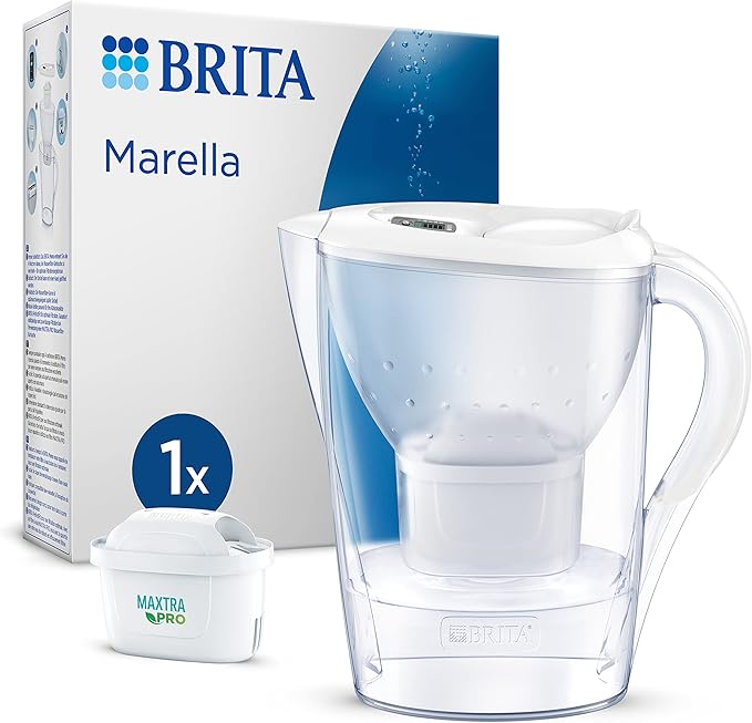BRITA Wasserfilterkanne Marella weiß (2,4l) inkl. 1x MAXTRA PRO All-in-1 Kartusche – Filter reduziert Kalk, Chlor, Blei, Kupfer & geschmacksstörenden Stoffe im Wasser/Kanne passt in Kühlschranktür