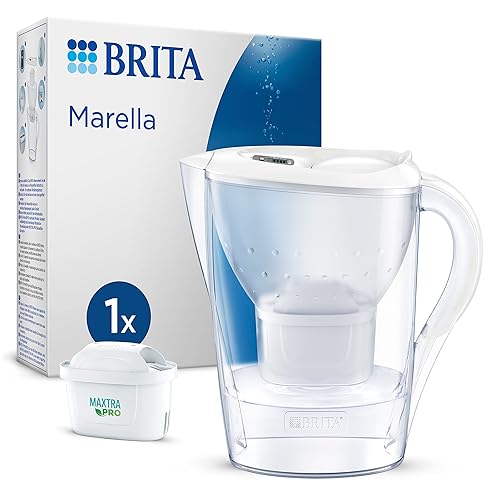 BRITA Jarra con Filtro de Agua Marella Blanca (2,4 l) Incl. 1x Cartucho MAXTRA Pro All-in-1 Jarra Apta para frigorífico con memo Digital y Tapa