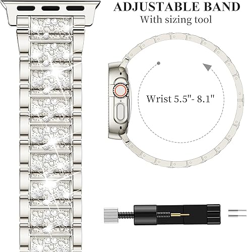 Miniatura 5 de SUPOIX Compatible con Apple Watch Band de 1.929 in + funda, bandas de metal con diamantes brillantes para mujer y paquete de 2 fundas protectoras