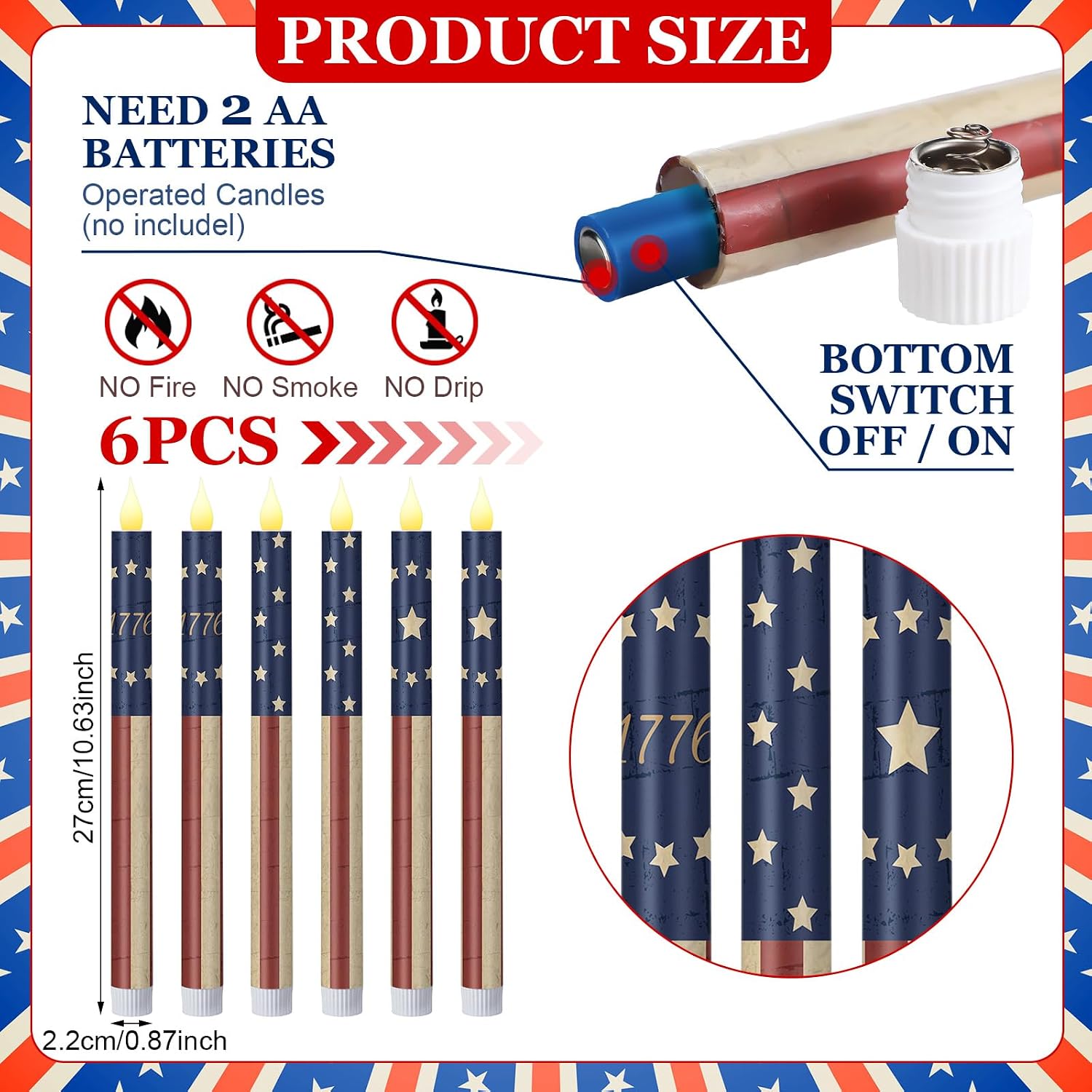 Honoson 6 Pcs USA Patriotic Flameless Taper Candles 250th Anniversary 10.6 Inch Memorial Day Red White and Blue Candles Battery Operated LED Candlesticks for 4th of July Table Home Party Decoration