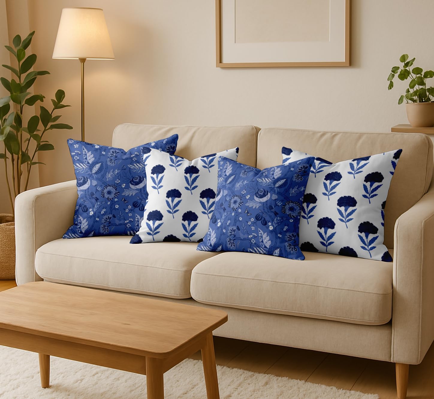 16x16 Inch Cushion Covers Set of 4 - Premium Cotton, Floral Print, Reversible Printed Pillow Covers with Concealed Zipper - Blue