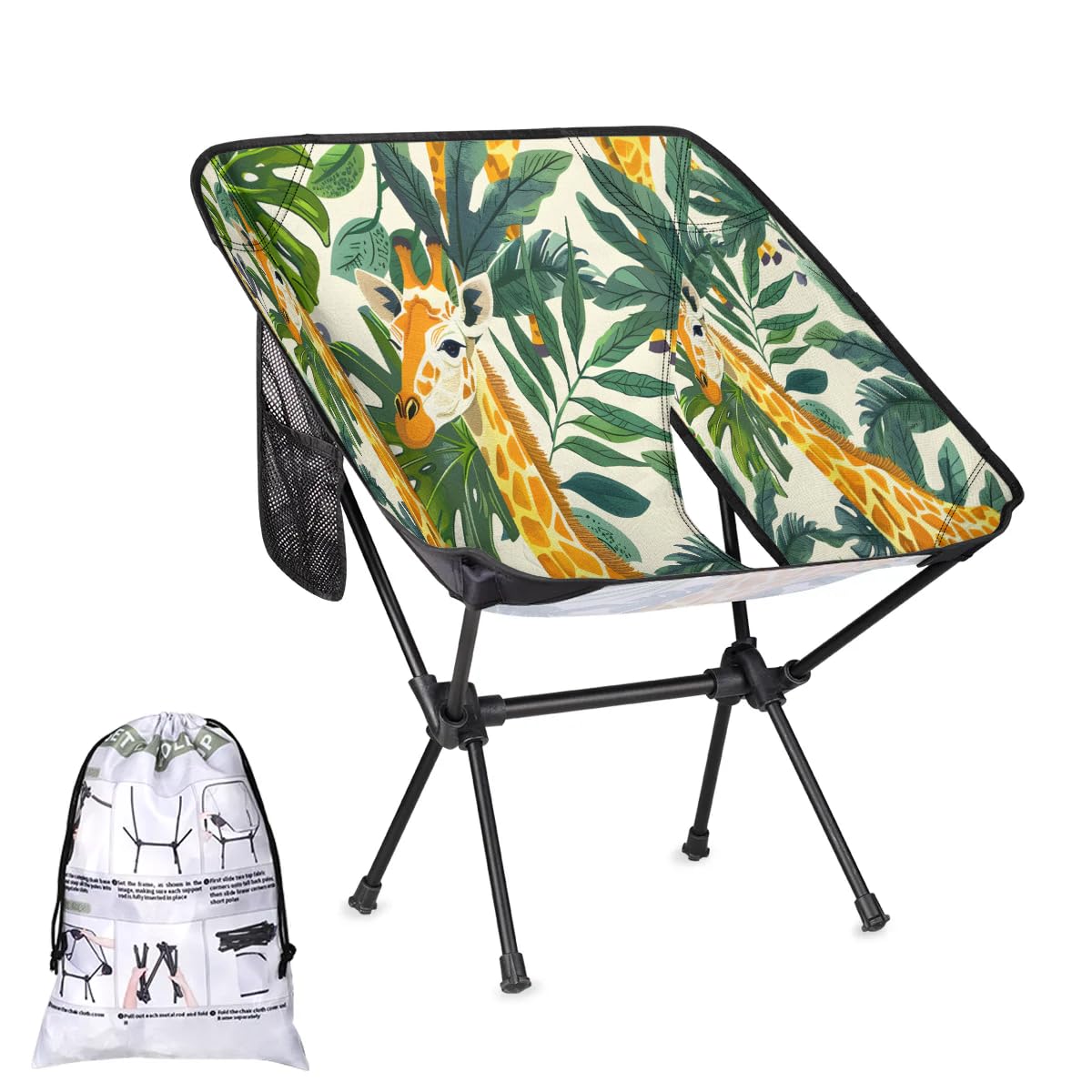 Leaves Giraffe Camping Chairs for Adults Ultralight Folding Chairs Outside Portable Camp Backpacking Chair with Side Pocket Storage Bag Compact Beach