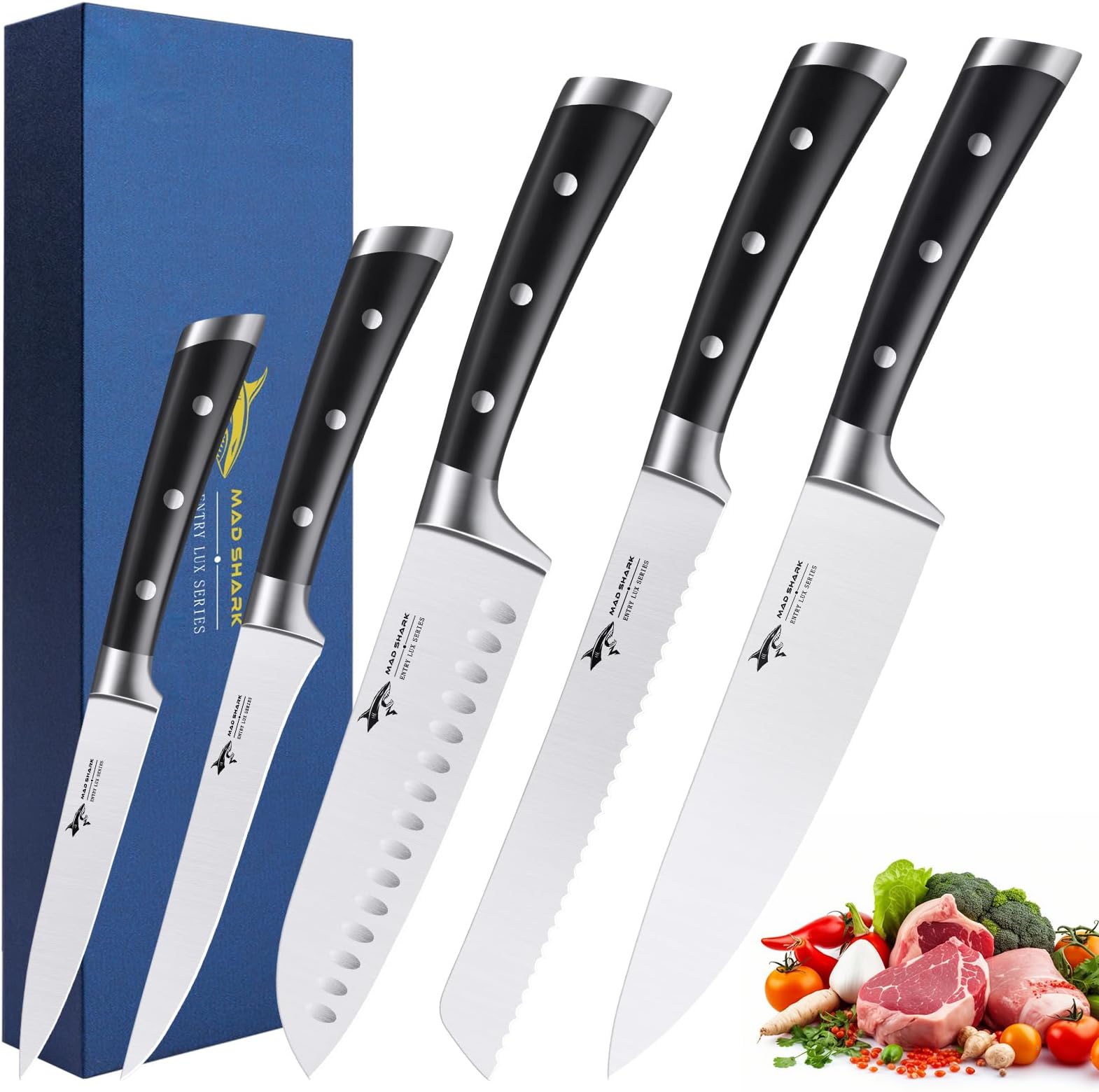 MAD SHARK knife set, 5-piece kitchen knife set with, german high carbon stainless steel knife, ultra sharp, ergonomic handle home cooking perfect cutlery set gift
