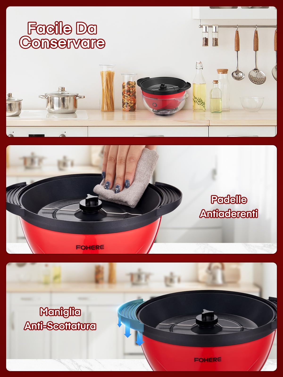 FOHERE Macchina Popcorn, 3,5 L Macchina Per Popcorn Casalinga con Sbattitore Elettrico, Pop Corn Macchina con Zucchero e Olio, Rivestimento Antiaderente, Ampio Coperchio Come Ciotola da Portata