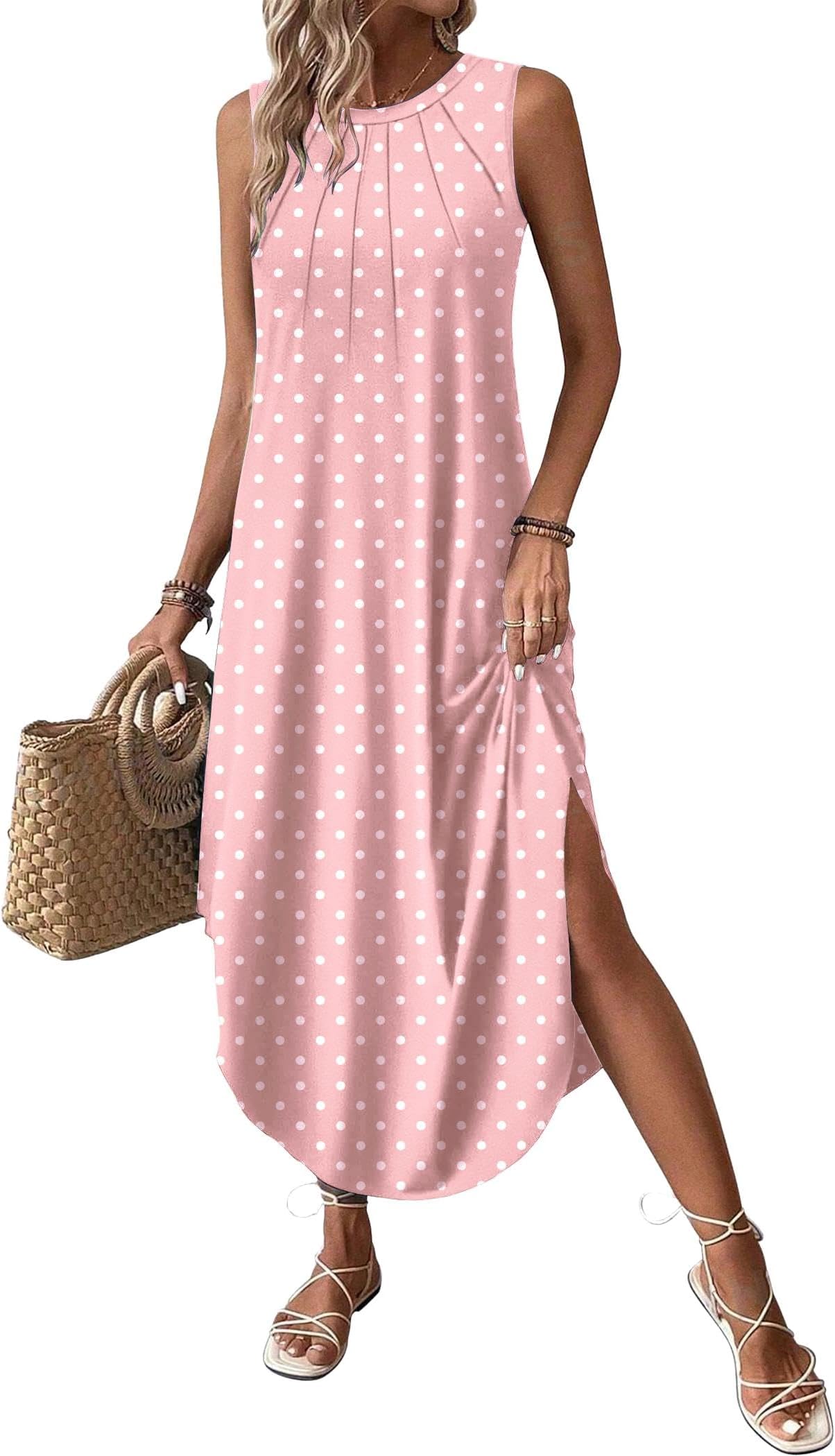 Women Floral Summer Casual Beach Printed Tank Dress with Pockets Pleated Front Long Dress