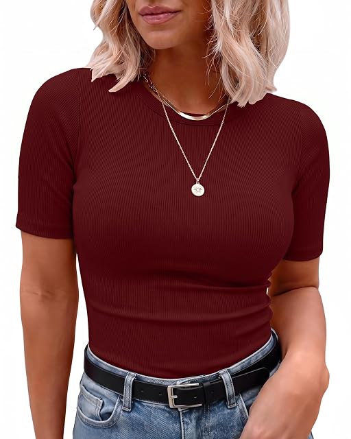 Chulianyouhuo Chulianyouhuo Women's Plus Size Tops Short Sleeve Ribbed Shirts Wine Red