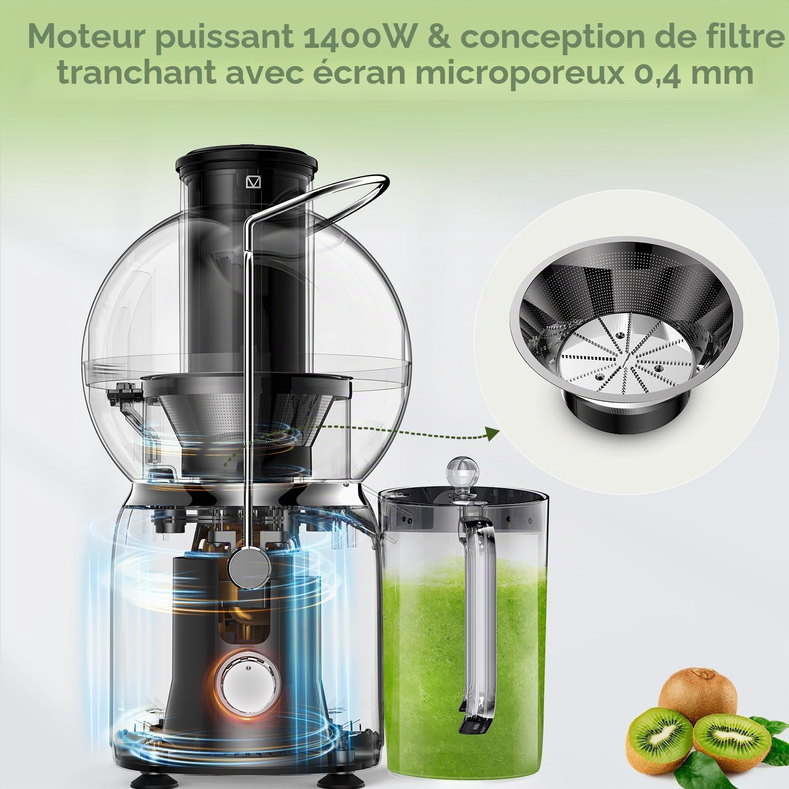 Extracteur de jus Vospeed, presse-fruits et légumes de 1400 watts avec goulotte d'alimentation de 3,5 pouces et pot à jus de 1,2 litre, sans BPA, facile à nettoyer (noir)