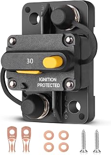 RED WOLF 30A Circuit Breaker Manual Reset, Mid Range Mini Fuse DC 12-32V, #10-32 Stud for Marine Boat Trolling Car Electronic Battery Solar System w/6 AWG-1/4 Wire Lugs Screw Kit Waterproof IP67