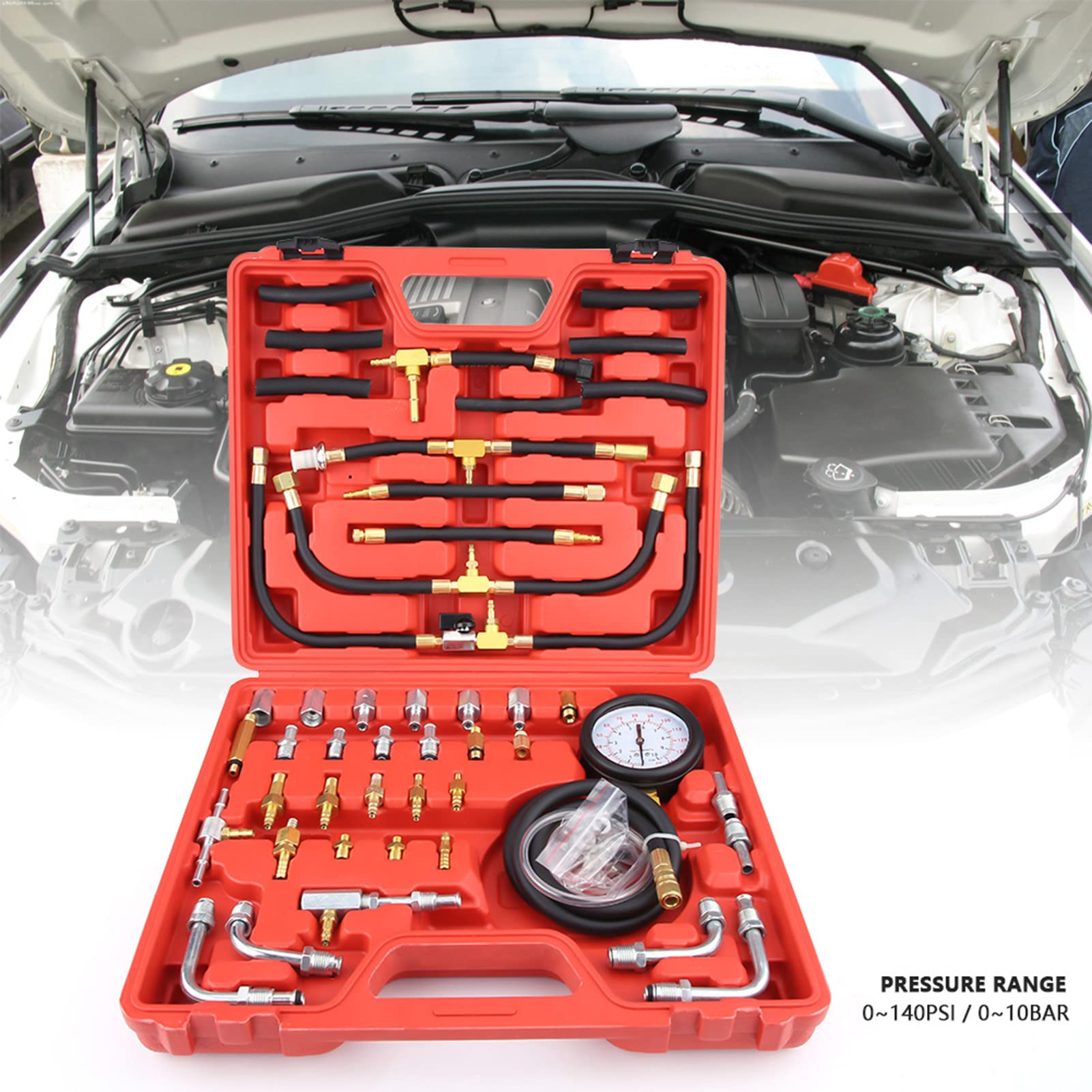 Cryfokt Medidor de Kit Universal de Prueba de Medidor de Presión de de Gasolina, Válvula de Alivio, Bien Organizado en Estuche Moldeado por Soplado, Adecuado para la Mayoría de Automóviles y Camiones,