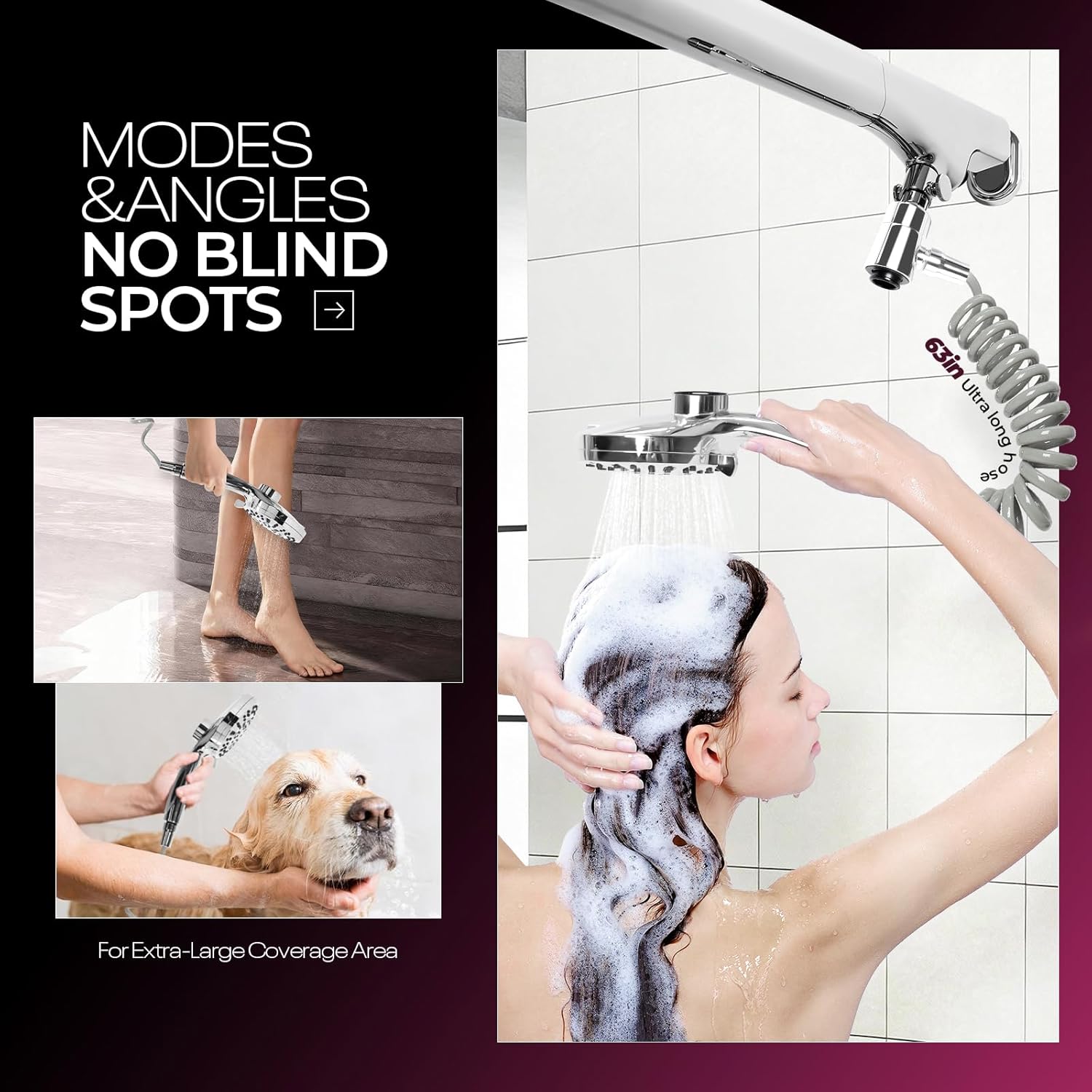 [Ondaqua] High Pressure Dual Shower Head for Couples 58-78" Adjustable,10 Modes Magnetic Handheld Head & 3 Modes Anti-Clog Design Round Head(Chrome)