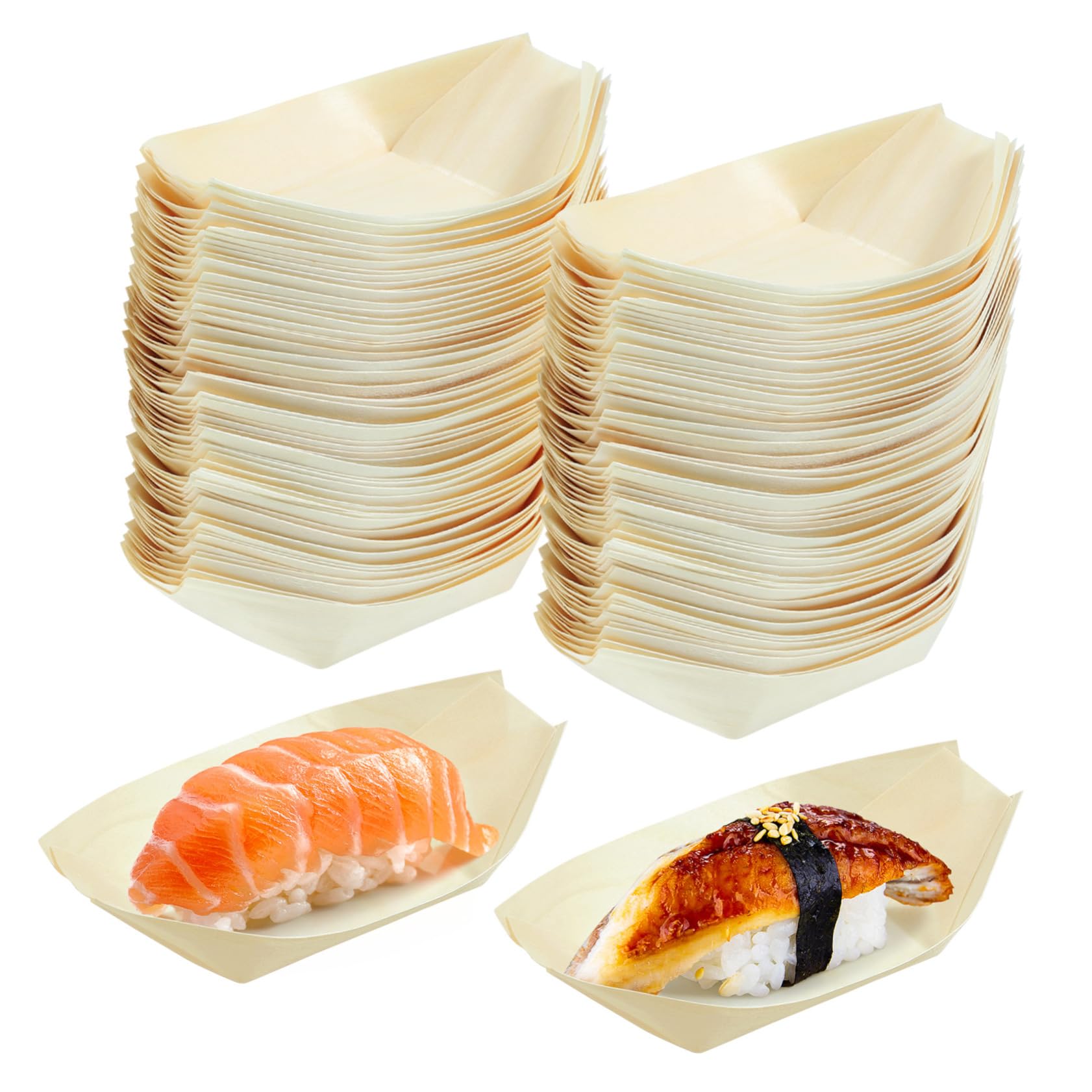 Ciieeo 100PCS Disposable Sushi Wood Boat Premium Natural Snack Tray for Appetizers Desserts and Salads Food Plate for Parties and Catering