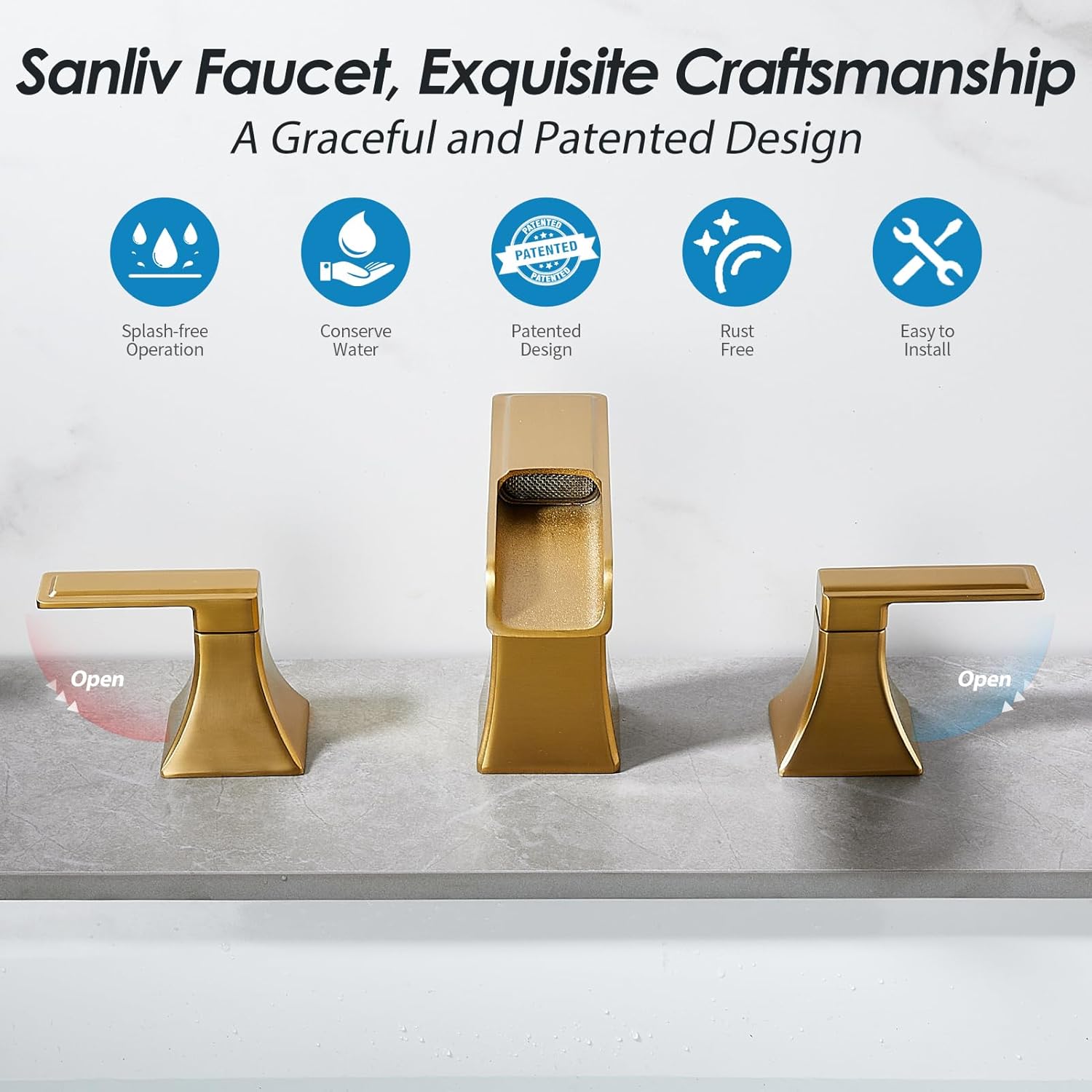 Brushed Gold Waterfall Bathroom Faucet, Sanliv 2-Handle Widespread Bathroom Faucet for 3-Hole Sinks 4-8 inch, Modern Vanity Faucets with Pop Up Drain, Champagne Bronze