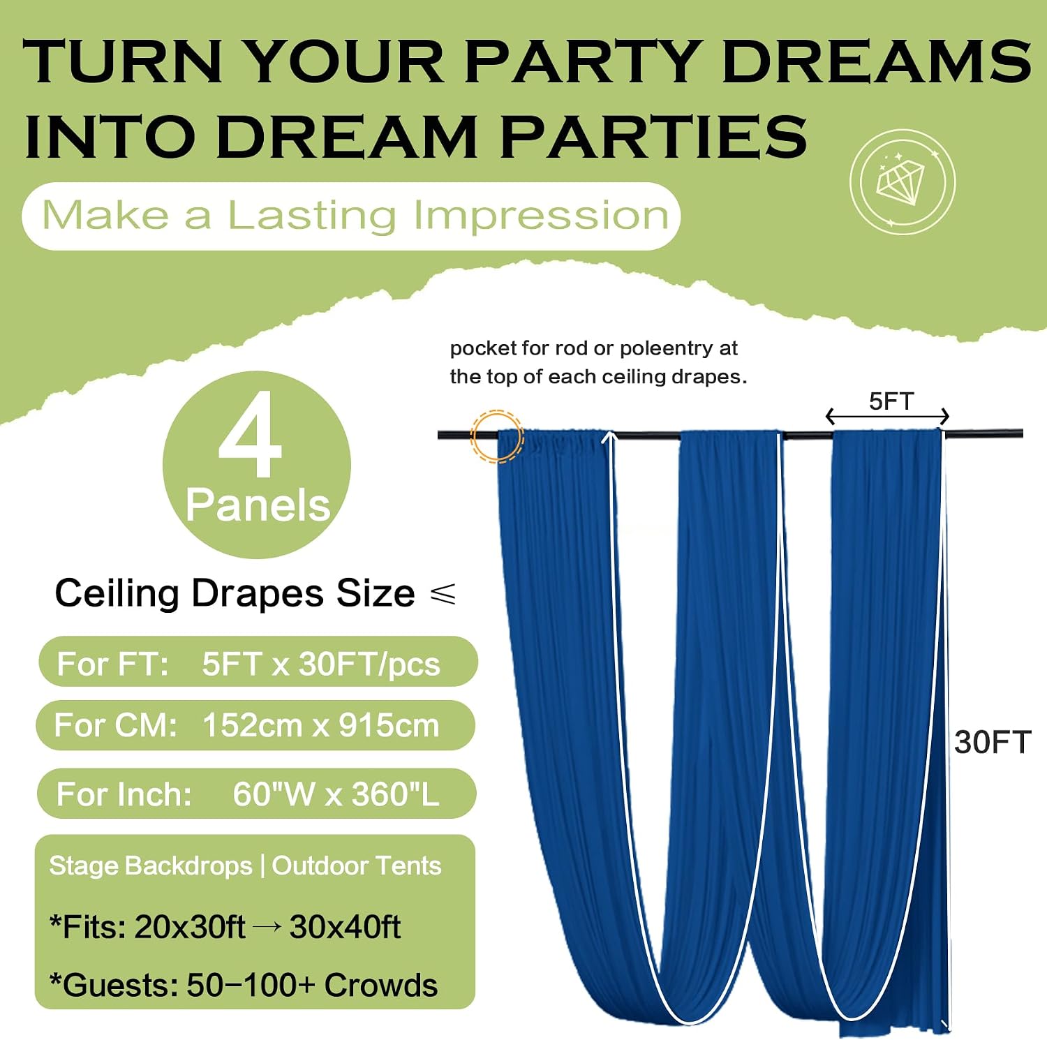 4 Panels 5ftx30ft Royal Blue Ceiling Drapes for Independence Day Wedding Parties – 30 FT Extra Long Thick Polyester Wrinkle-Free Drapery Tent Decor Decorations for Birthday Party Ceremony Stage Swag