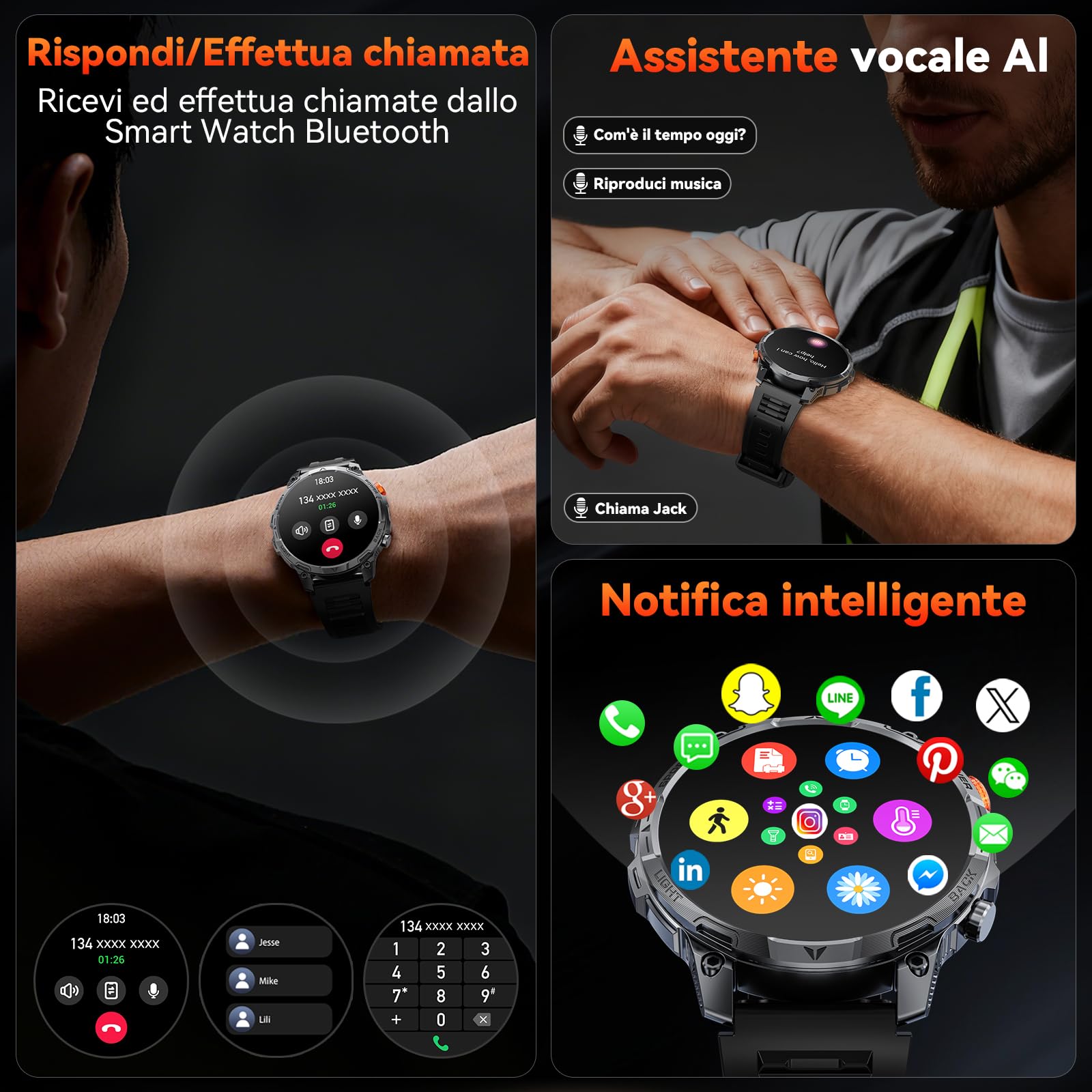Smartwatch Uomo Militare,1000mAh Batteria 100 Giorni,1.75''HD Orologio uomo con Chiamate,Tracker Attività con 100+ Modalità Sportive,IP68 Impermeabile,Torcia,Cardiofrequenzimetro,SpO2 per Android iOS