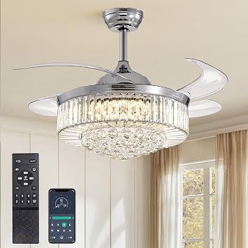 Modern 42 Inches Dimmable Fandelier Crystal Retractable Ceiling Fans with Light and Remote, Invisible LED Crystal Chandelier Fan for Bedroom-Polished Chrome
