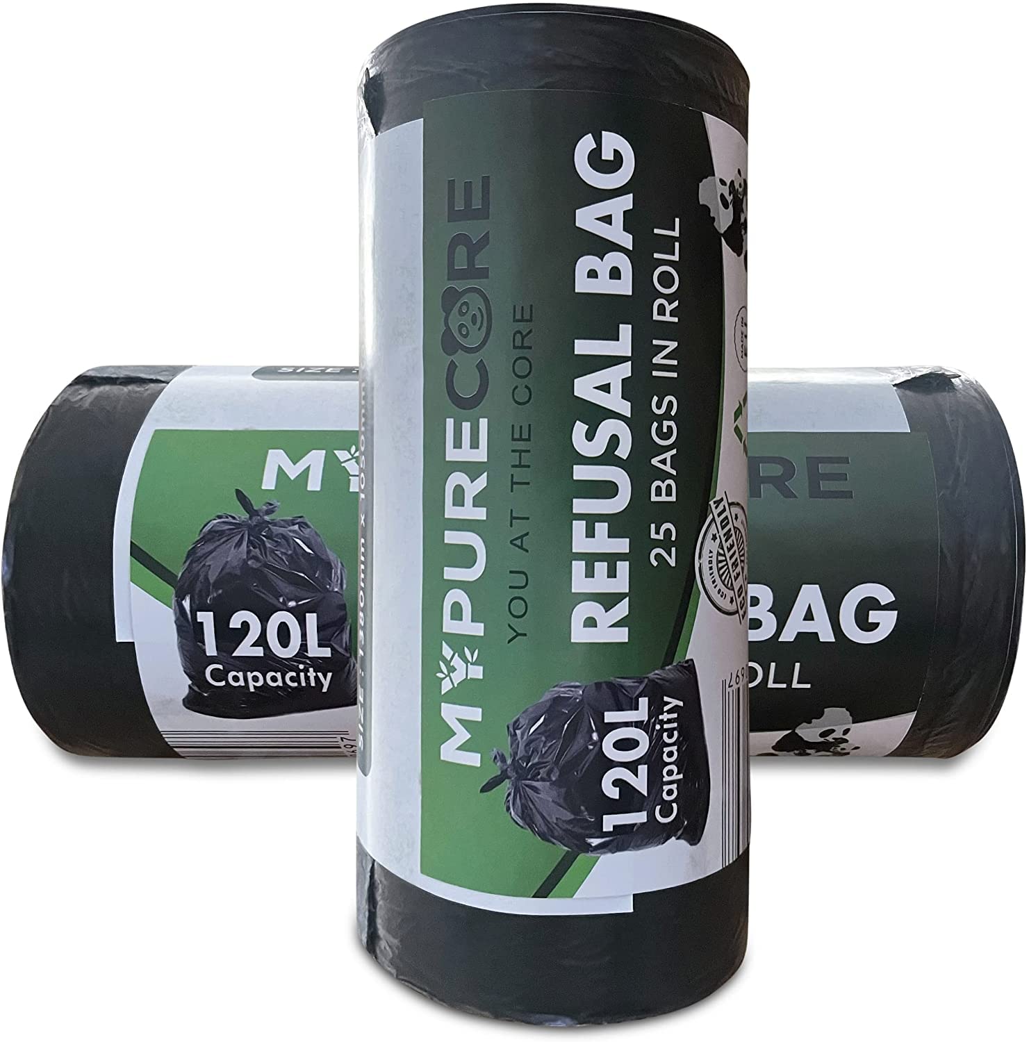 Refusal Bags – Refuse Bags for Kitchen Bin – 120L Durable and Reliable Bin Bags Made of Recycled Waste – Drawstring Bags with Large Capacity – Ideal for Any Modern Home and Business. Set by MYPURECORE