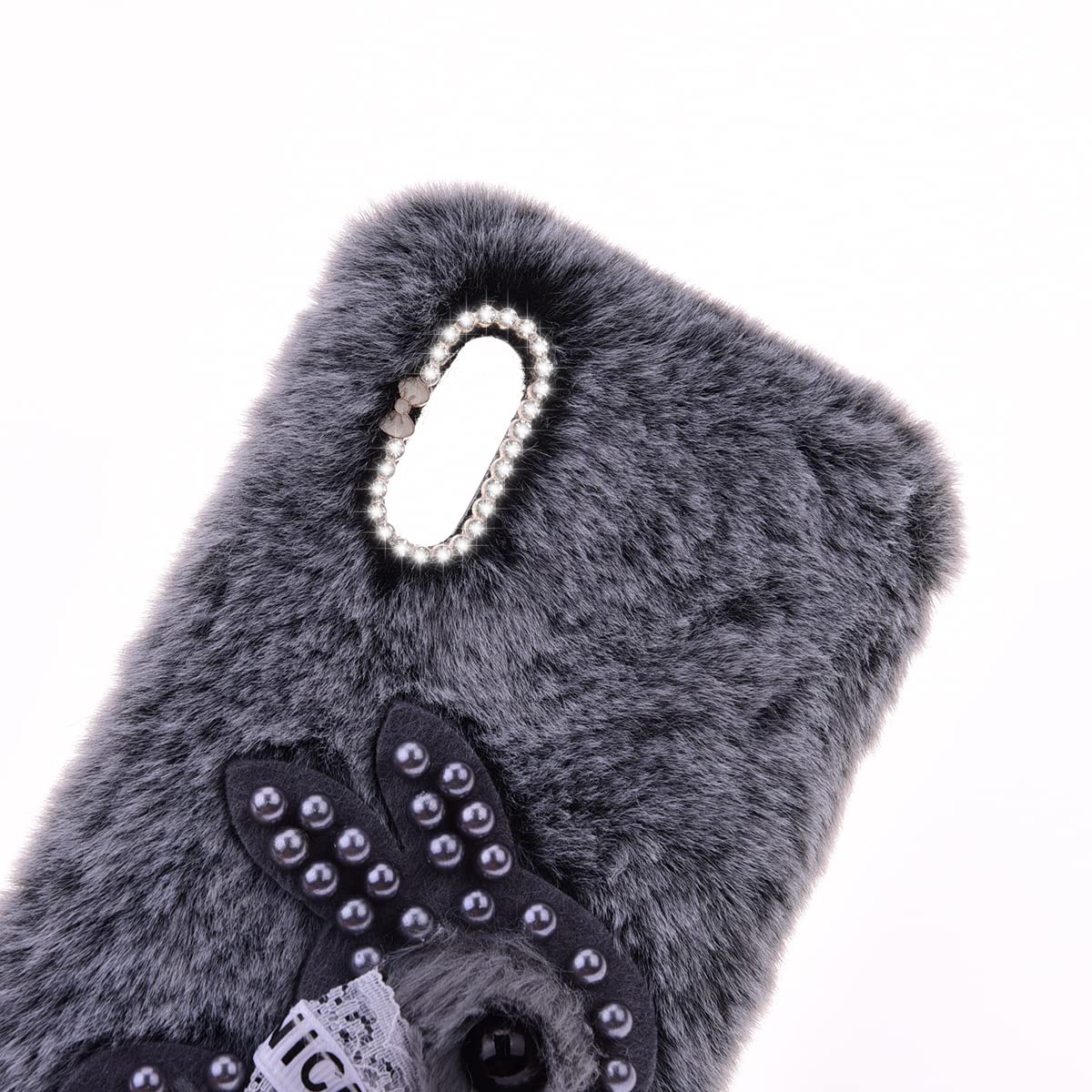 Peluche Custodia Cover Compatibile con Vivo Y28 4G,Custodia Coniglio Peluche per Vivo Y28 4G, Custodia Peloso Carino Protettiva Fluffy Cover Bambine Copertura Caso - Nero
