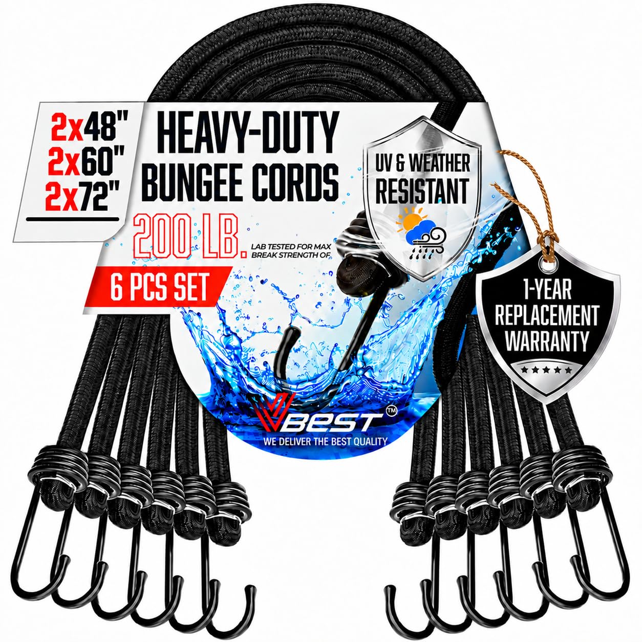 Bungee Cords Heavy Duty Outdoor with Hooks - 6Pcs Assorted Sizes Set