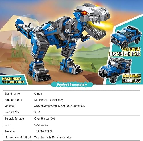 Miniatura 7 de QMAN Bloques de construcción 3 en 1 de juguete para niños de 6 a 12 años, camionetas mecánicas T-Rex, kit de construcción de vehículos todoterreno,