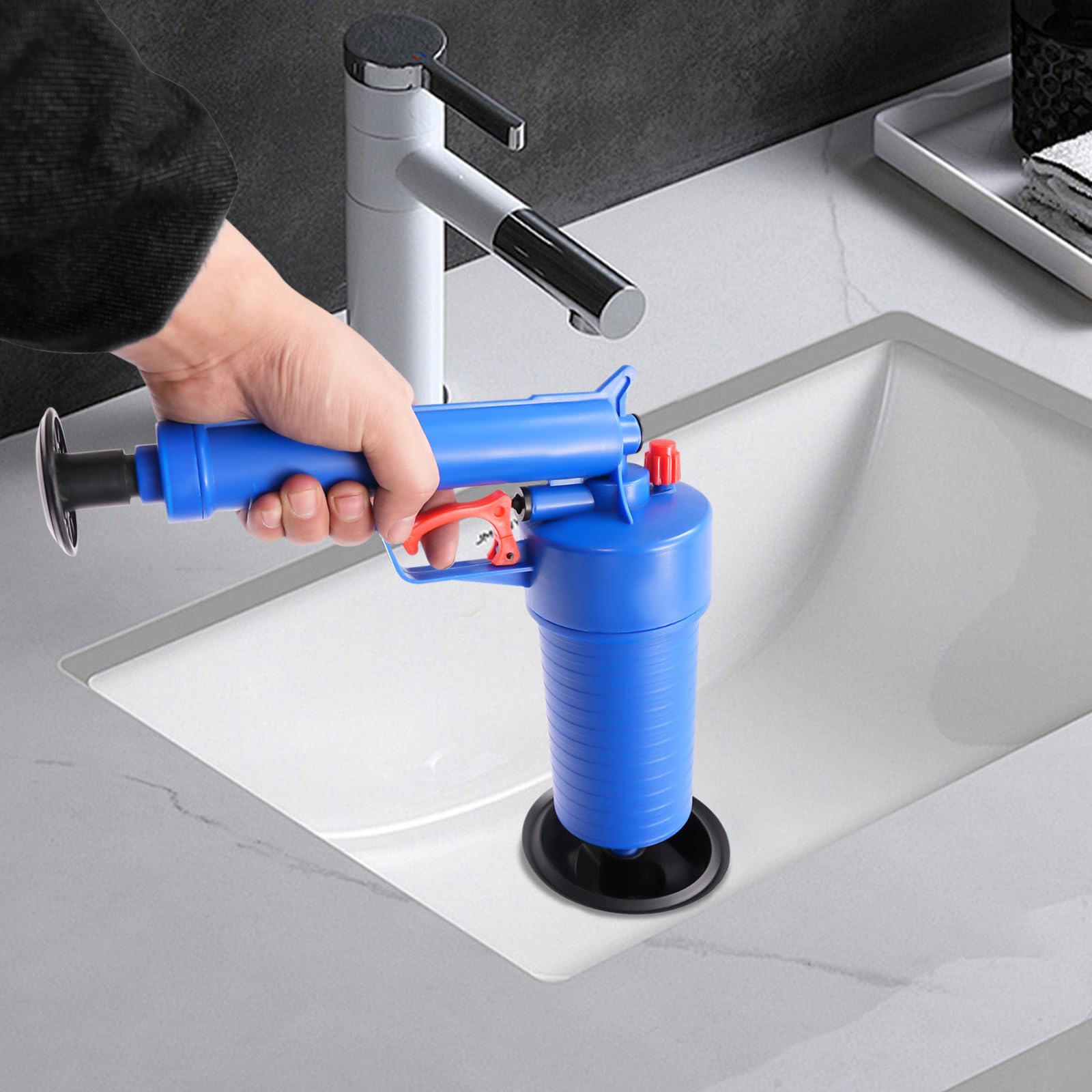 Limpiador de tuberías de aire comprimido, 4 bares, bomba de desagüe, juego de limpieza de tuberías para desagüe de suelo, lavabo, aguas residuales, bañera, azul oscuro (azul)
