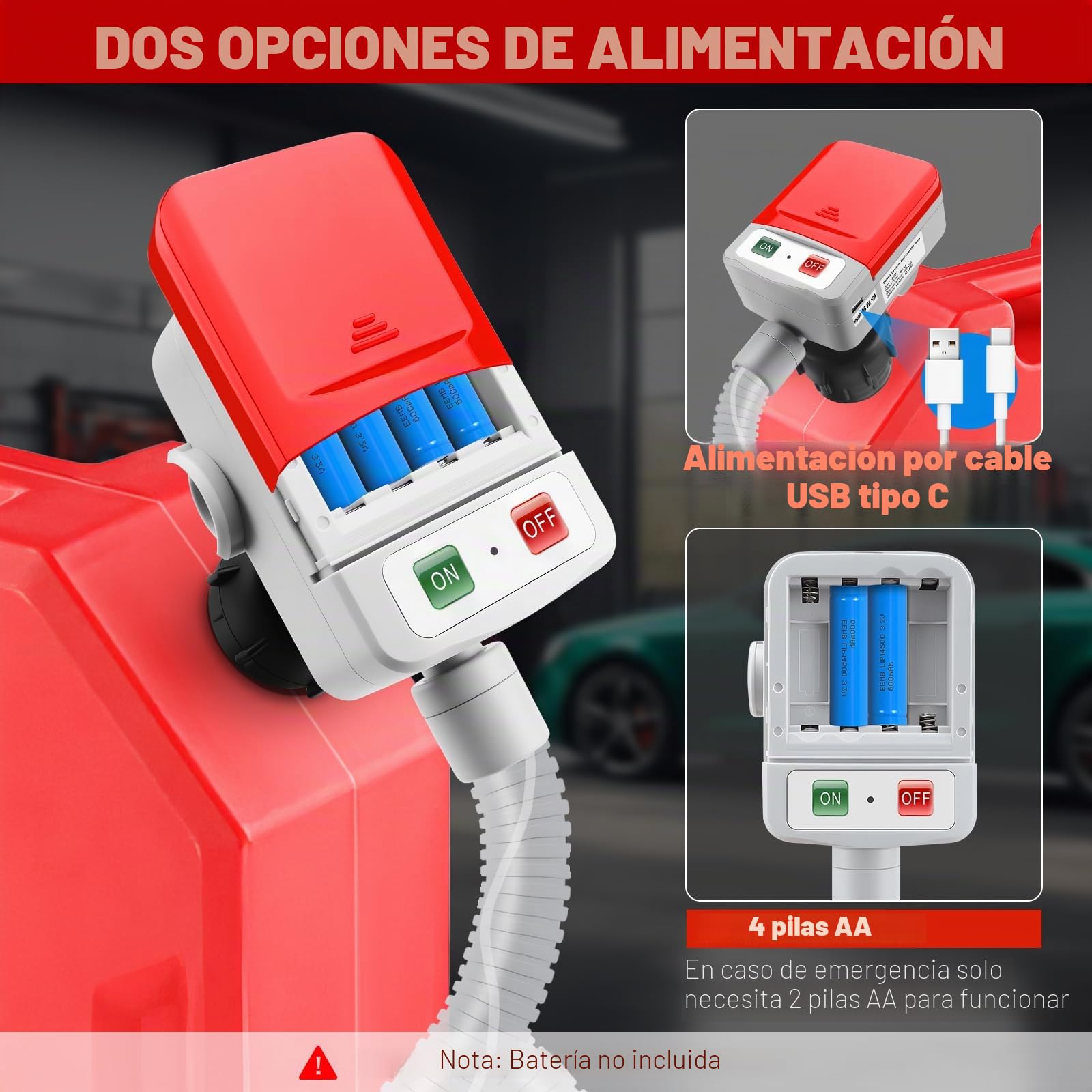 Bomba de Transferencia de Combustible con Sensor de Parada Automática Bomba de Combustible Eléctrica 12 V con USB-C para Transferencia de Gasolina Diésel (12 L/min) para Coche Autocaravana Generador