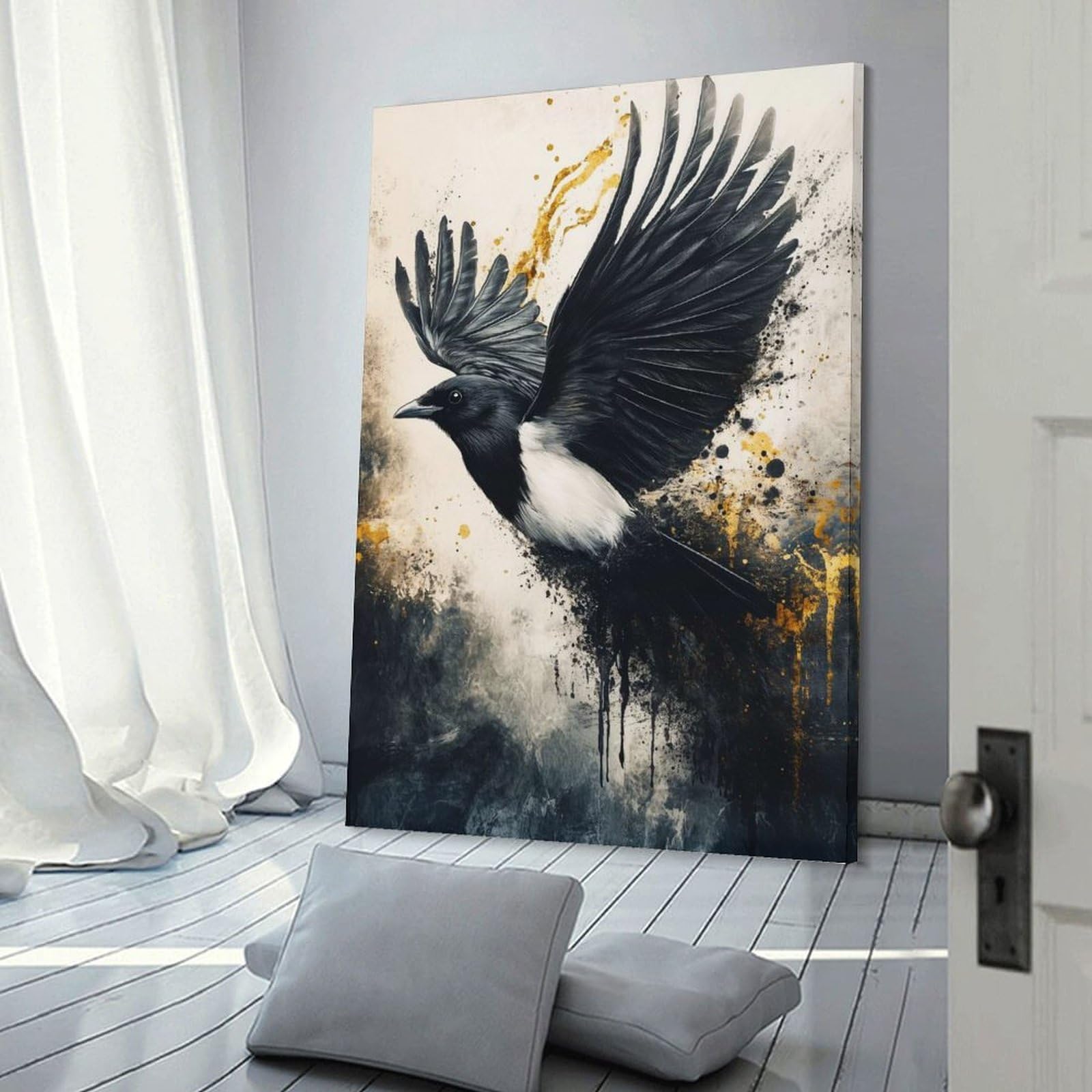 Junmoney Magpie in Flight with Golden Accents Canvas Art Print, 20x30inch(50x75cm), for Small Homes, Bedrooms Or Open Spaces, Wall Decor with Flexible Room Appeal