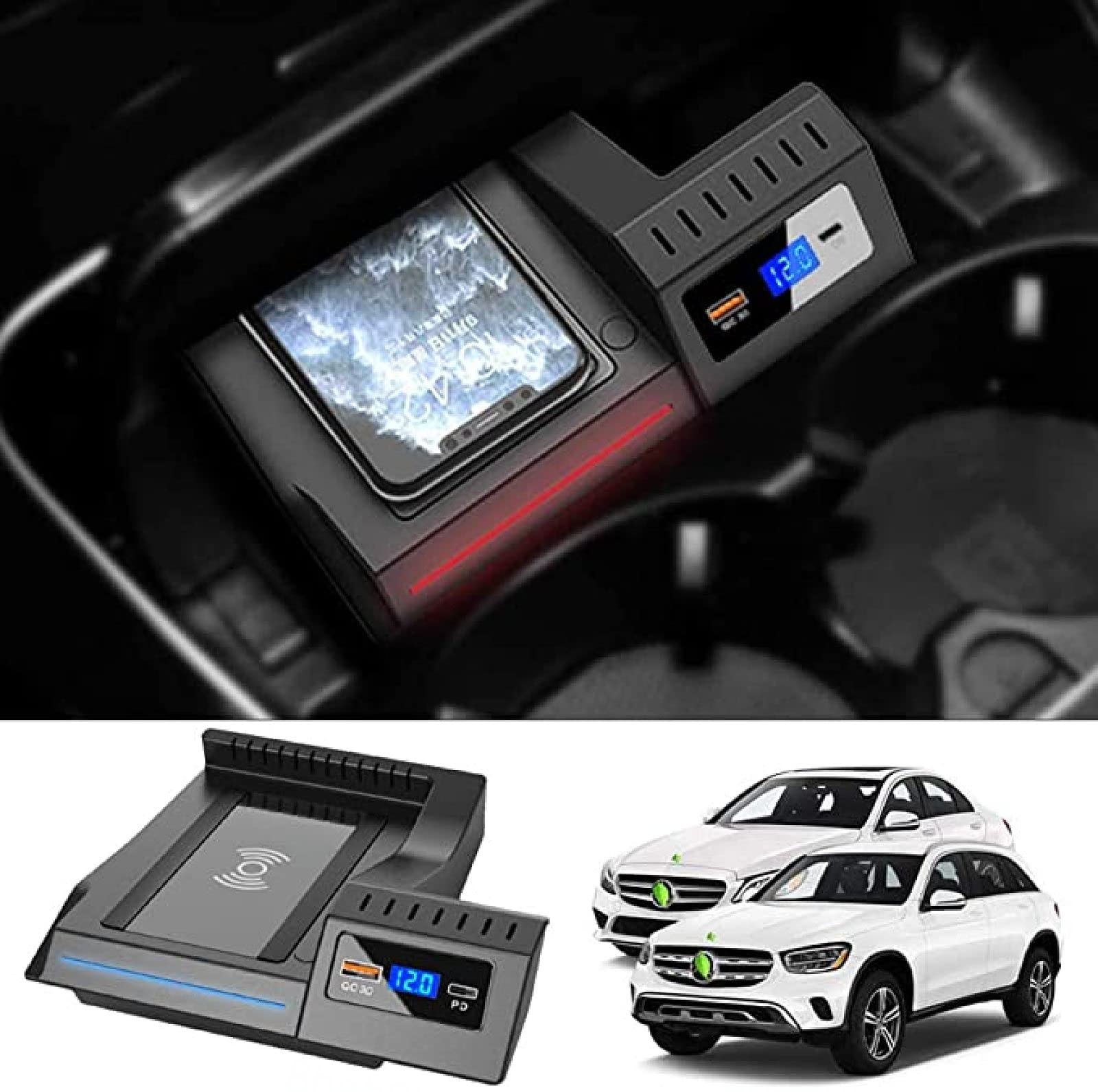 XLARSH Wireless Car Charger Center Console Accessory Panel for Mercedes-b-ENZ C-Class GLC 2016-2021with QC3.0 USB and 18W PD Port 15W Fast Induction Phone Charging pad for All Qi Phone