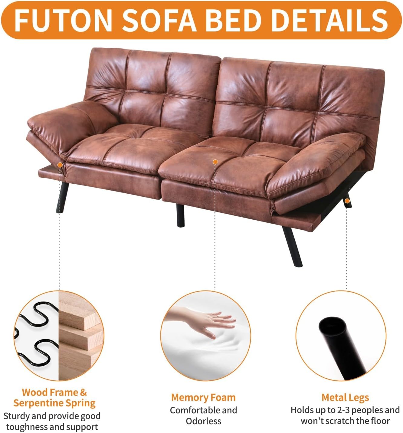 MUUEGM 71-Inch Convertible Futon Sofa Bed with Adjustable Backrest & Removable Armrests, Foldable Sleeper Loveseat for Small Space Living Room, Studio Apartment, Home Office，Brown